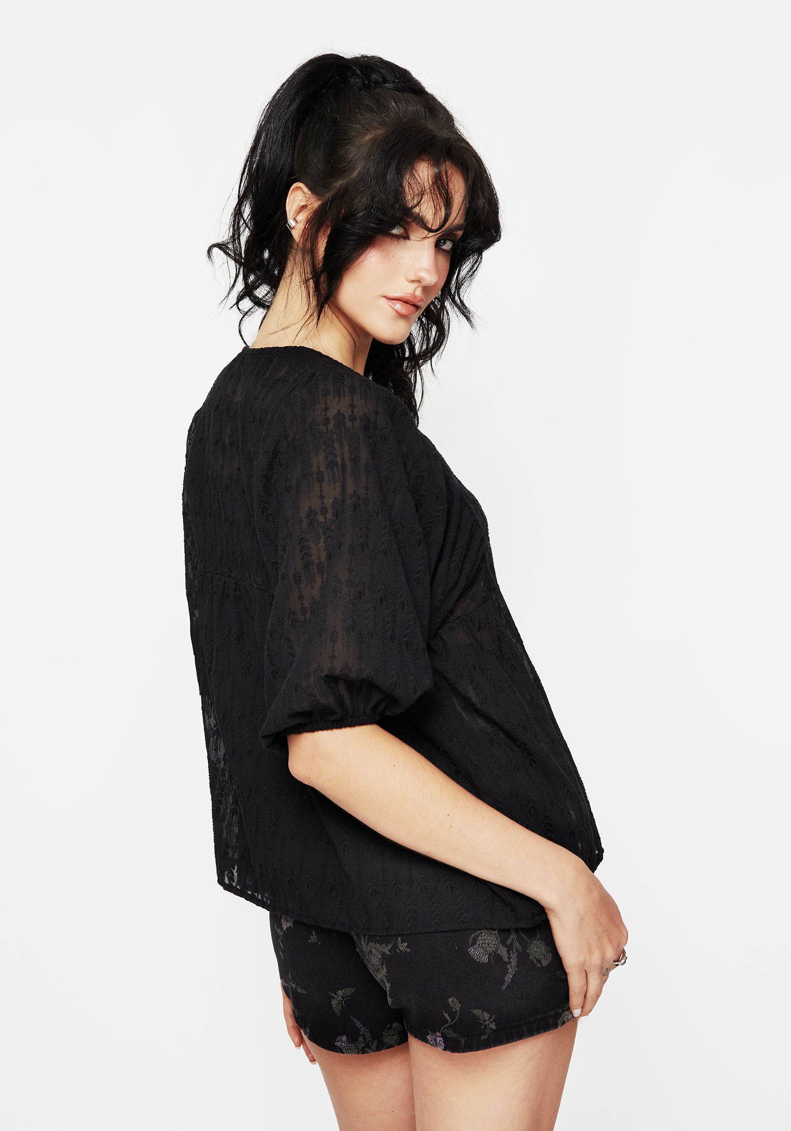 Black Button Up Peplum Blouse with Textured Fabric | Evangeline