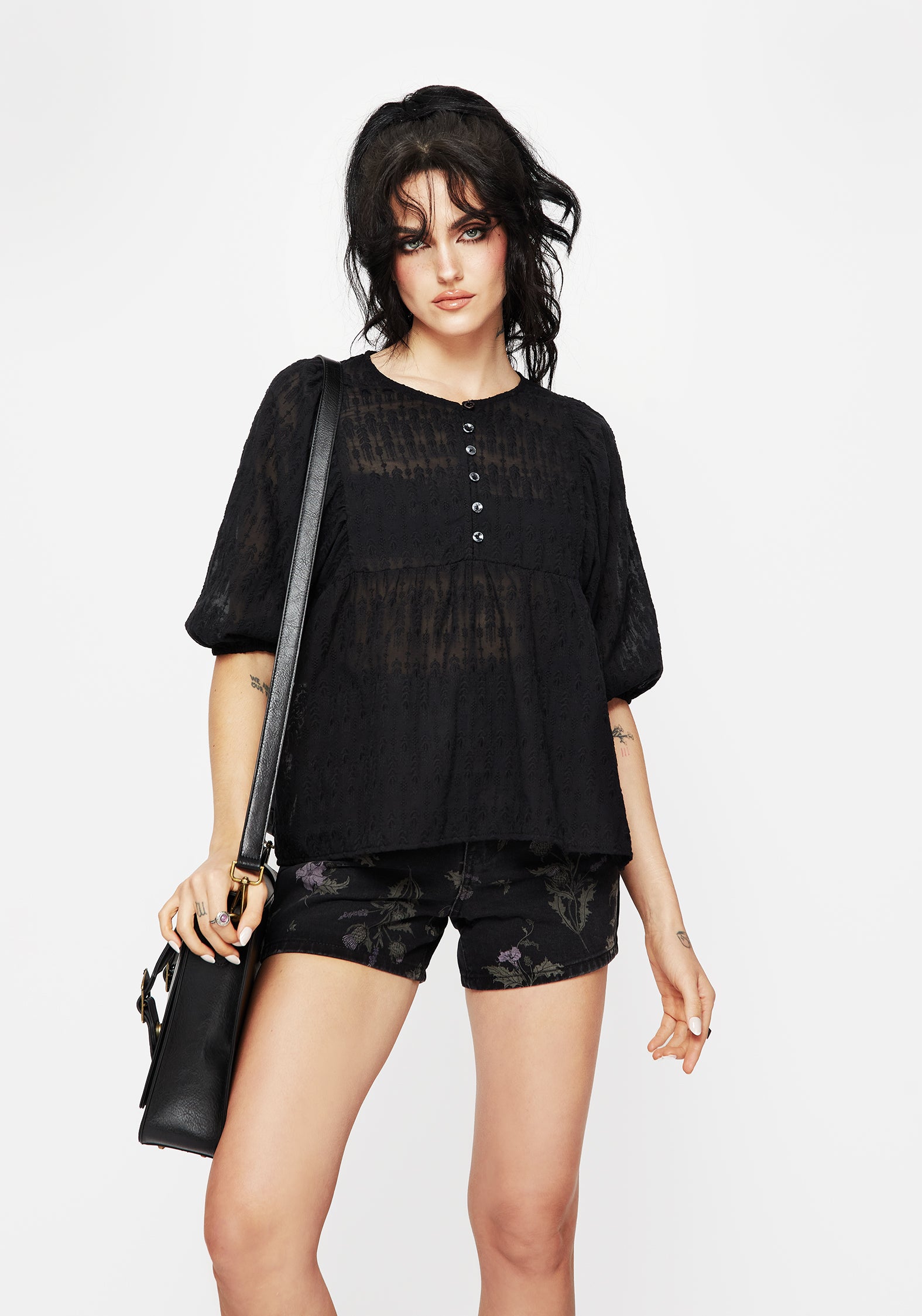 Black Button Up Peplum Blouse with Textured Fabric | Evangeline