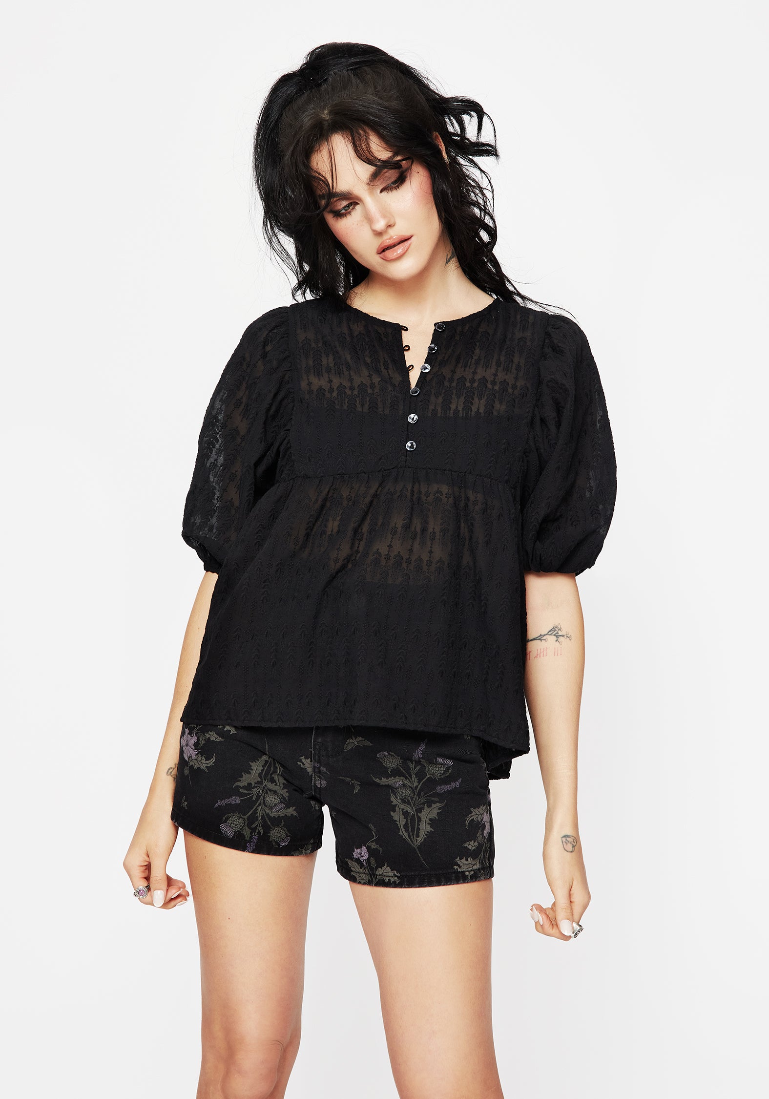 Black Button Up Peplum Blouse with Textured Fabric | Evangeline