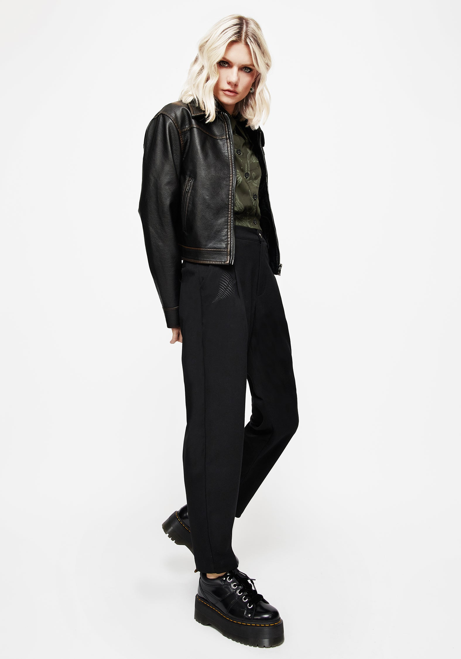 Black Fern Embroidered Tapered Trousers | Tailored Women's Pants