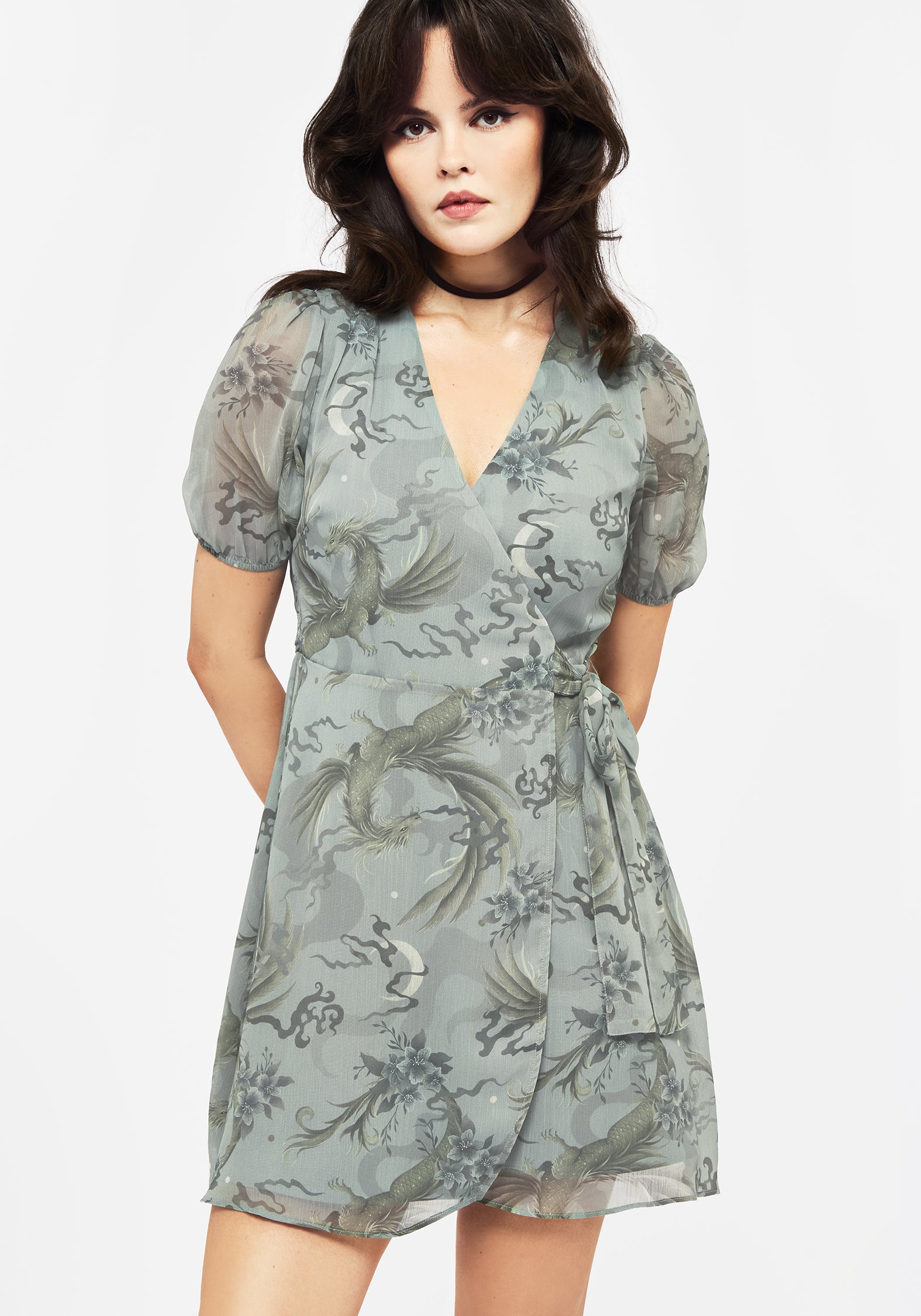 Pale Blue Chiffon Wrap Dress with Dragon Print | Sapphira