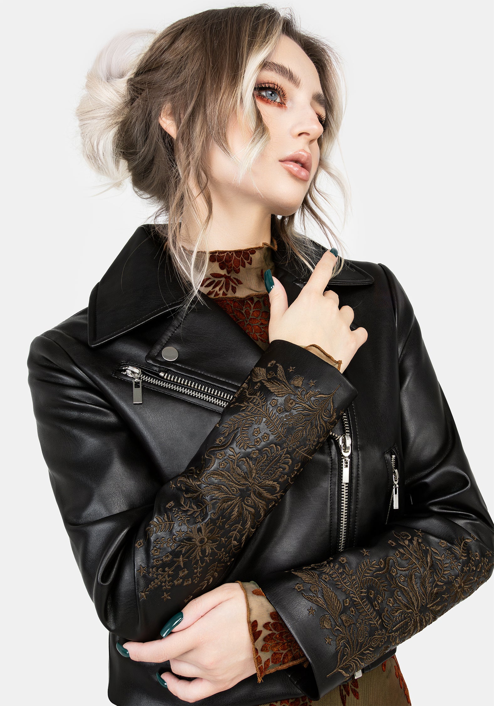 Black Floral Embroidered Faux Leather Biker Jacket | Vervain