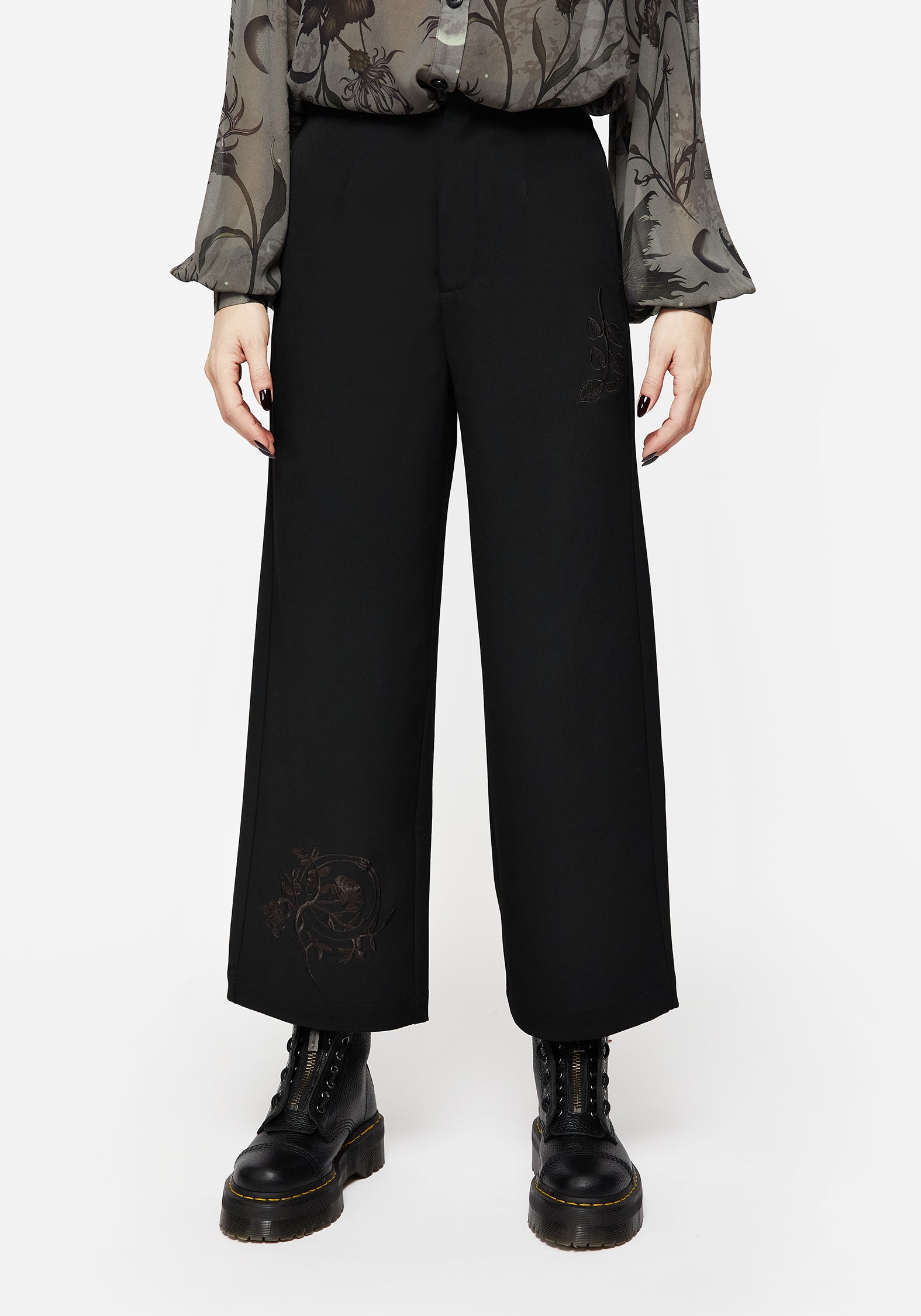 Floral Embroidered Wide Leg Trousers | Amalthea Tailored Pants