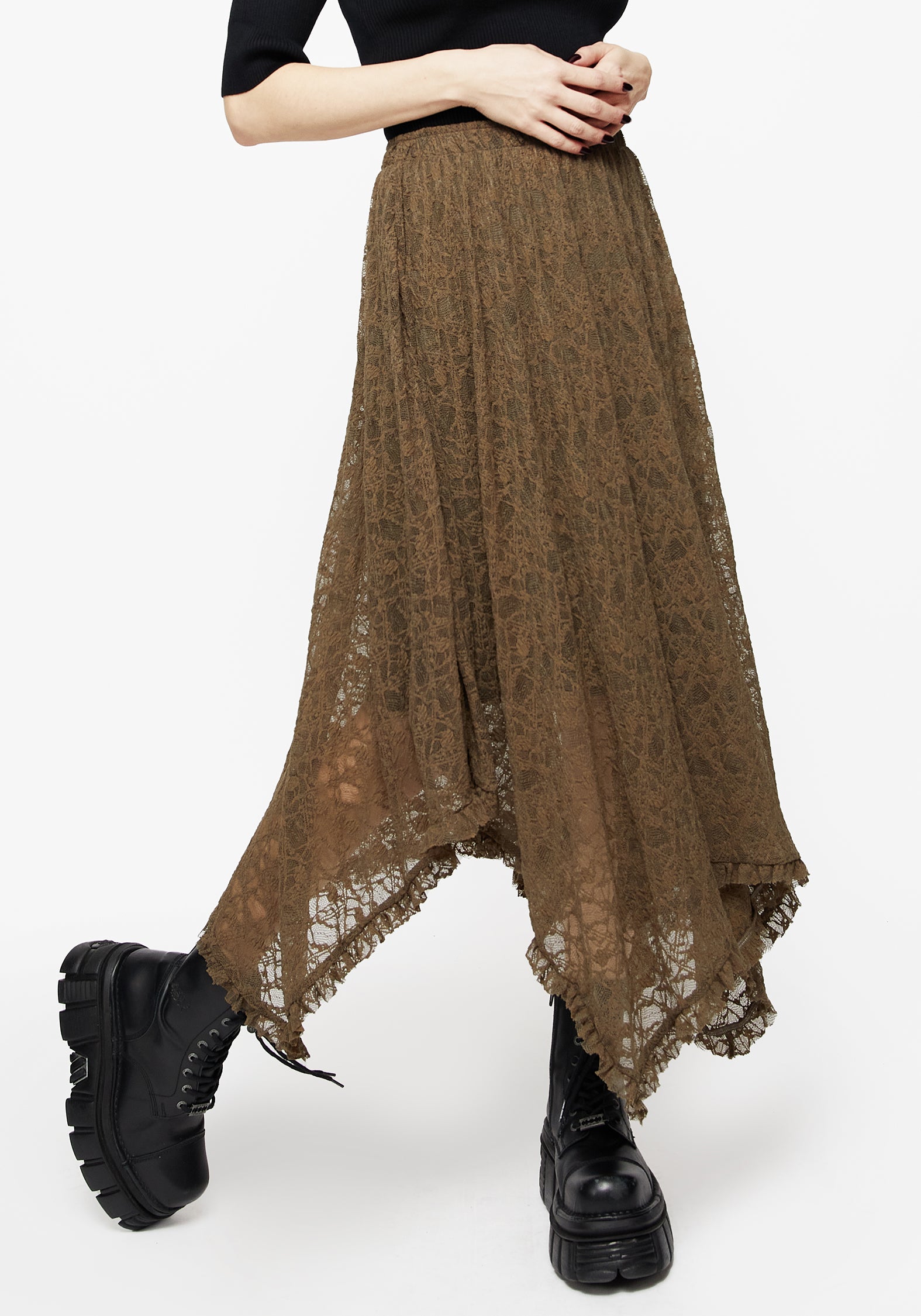 Floral Lace Midi Skirt with Handkerchief Hem & Elastic Waist | Myrtle
