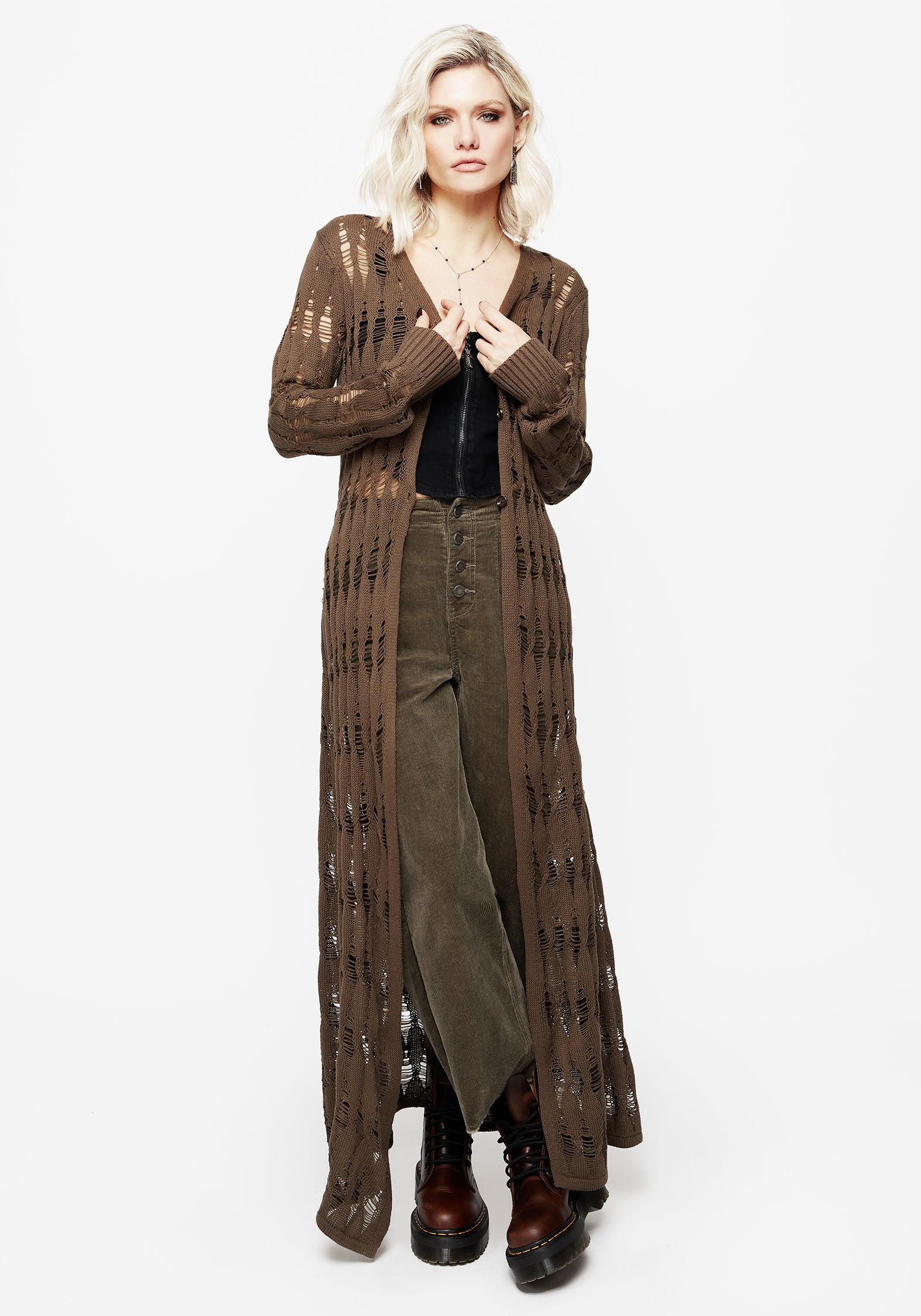 Brown Cable Twist Knit Cardigan for Women | Longline V-Neck Cover-Up