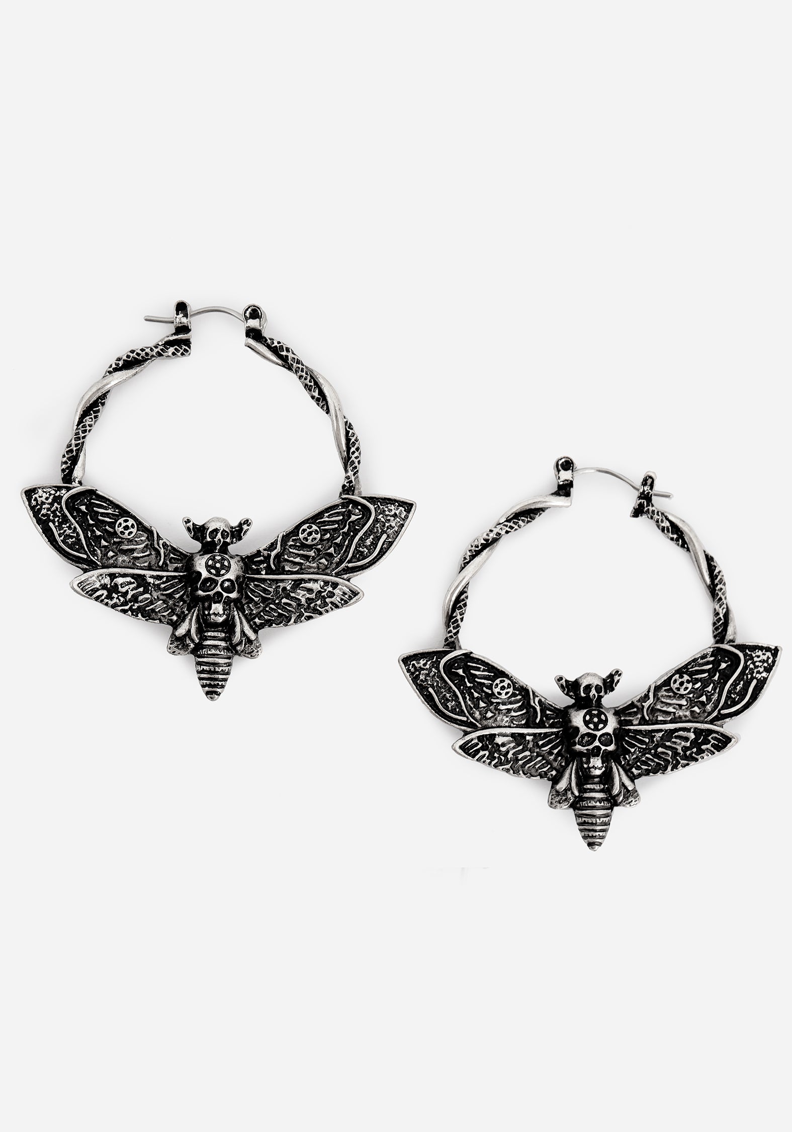 Death's Head Moth Hoop Earrings in Antique Silver | Mortmoth