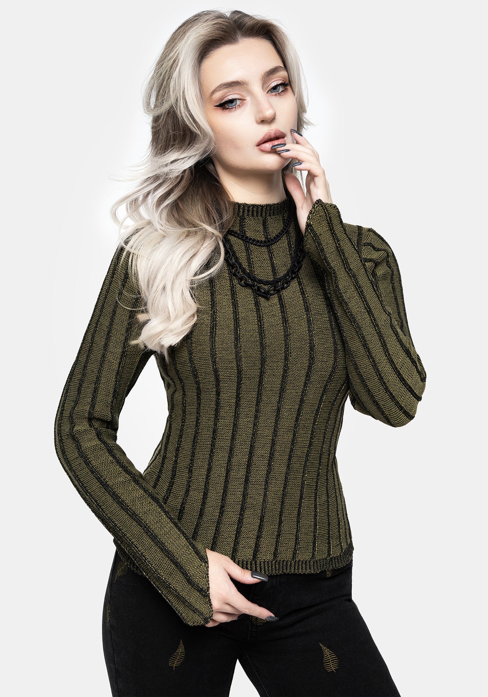 Green & Black Plated Rib Knit Top - Slim Fit Cotton | Myrsina