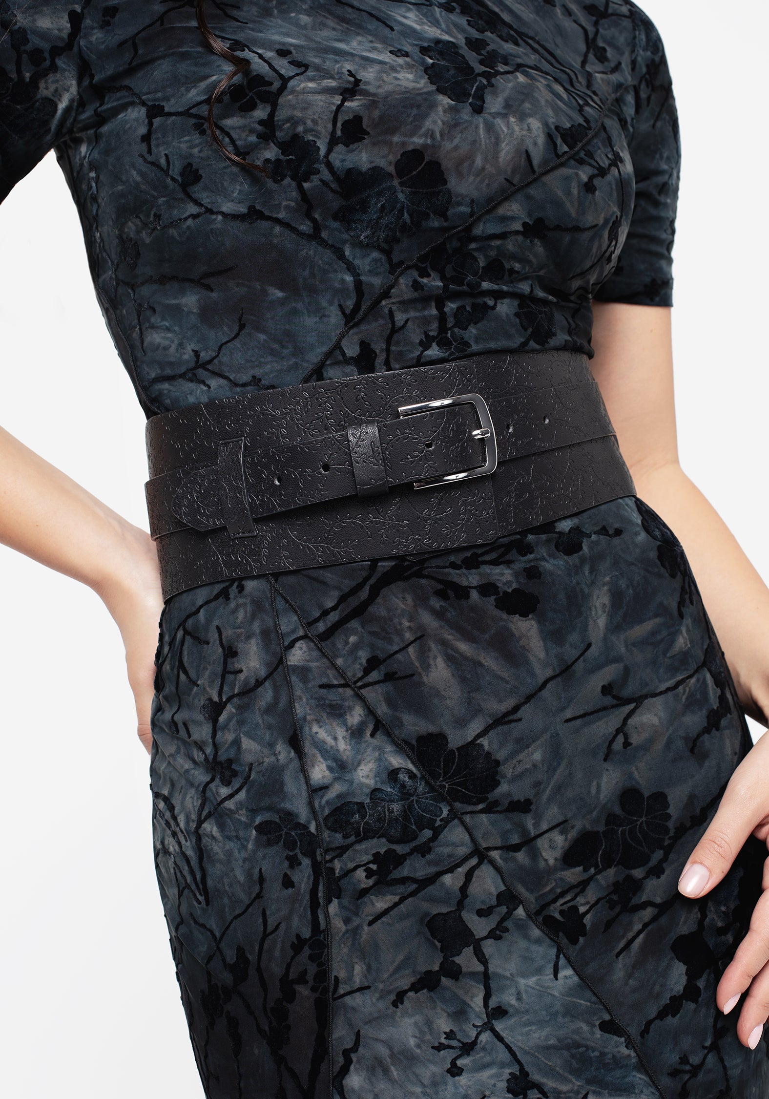 Floral Embossed Waist Belt with Silver Buckle | Bathory