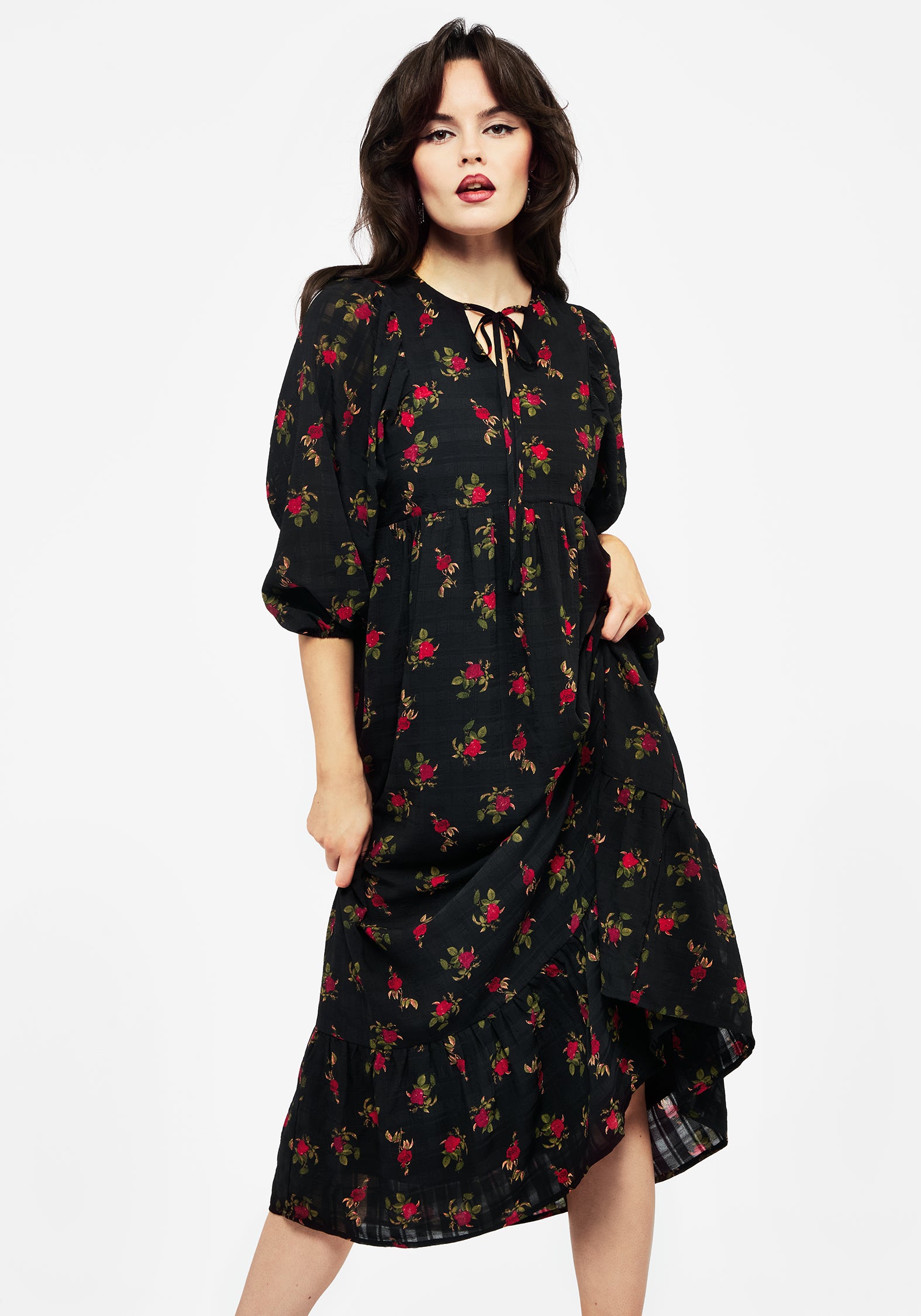 Floral Print Chiffon Dress with Keyhole Neckline | Darcey