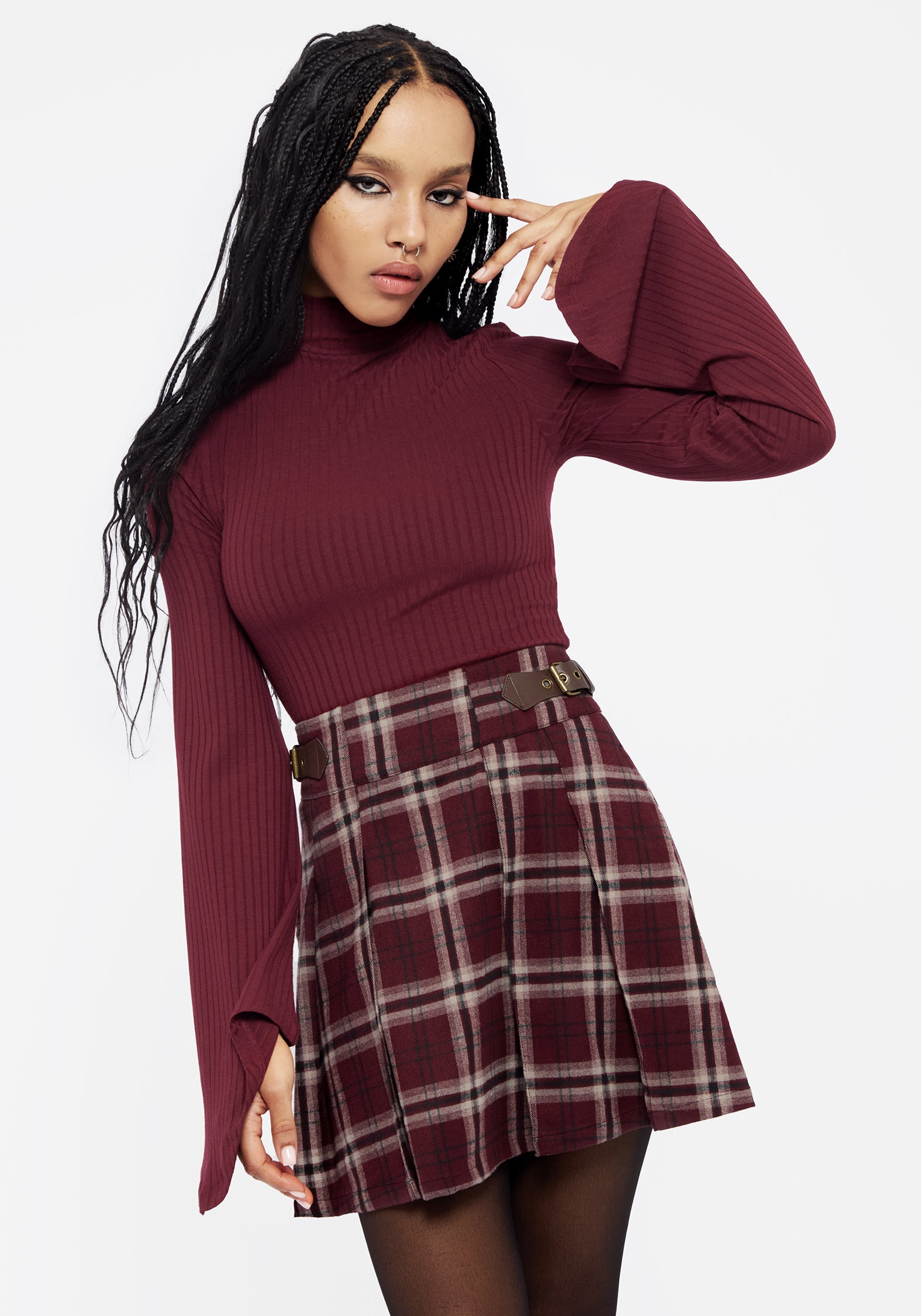 Red Ribbed Flared Sleeve Crop Top with Mock Neck | Amata