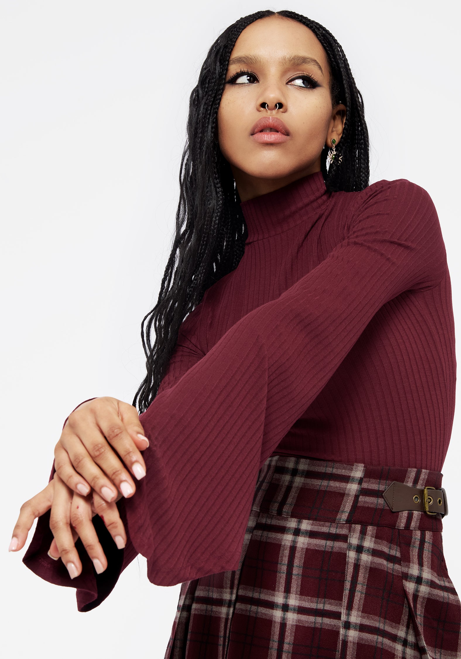 Red Ribbed Flared Sleeve Crop Top with Mock Neck | Amata