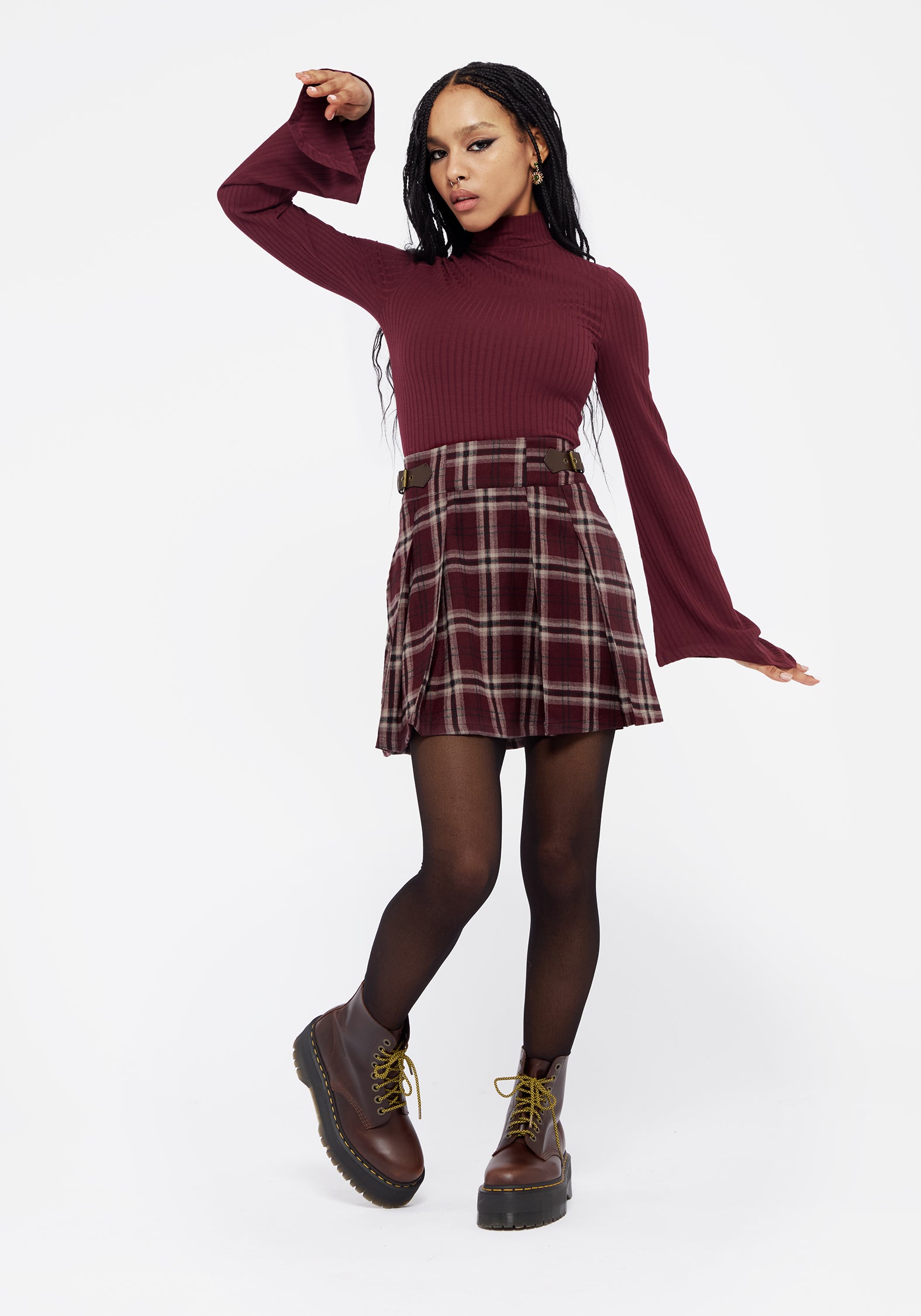 Red Ribbed Flared Sleeve Crop Top with Mock Neck | Amata