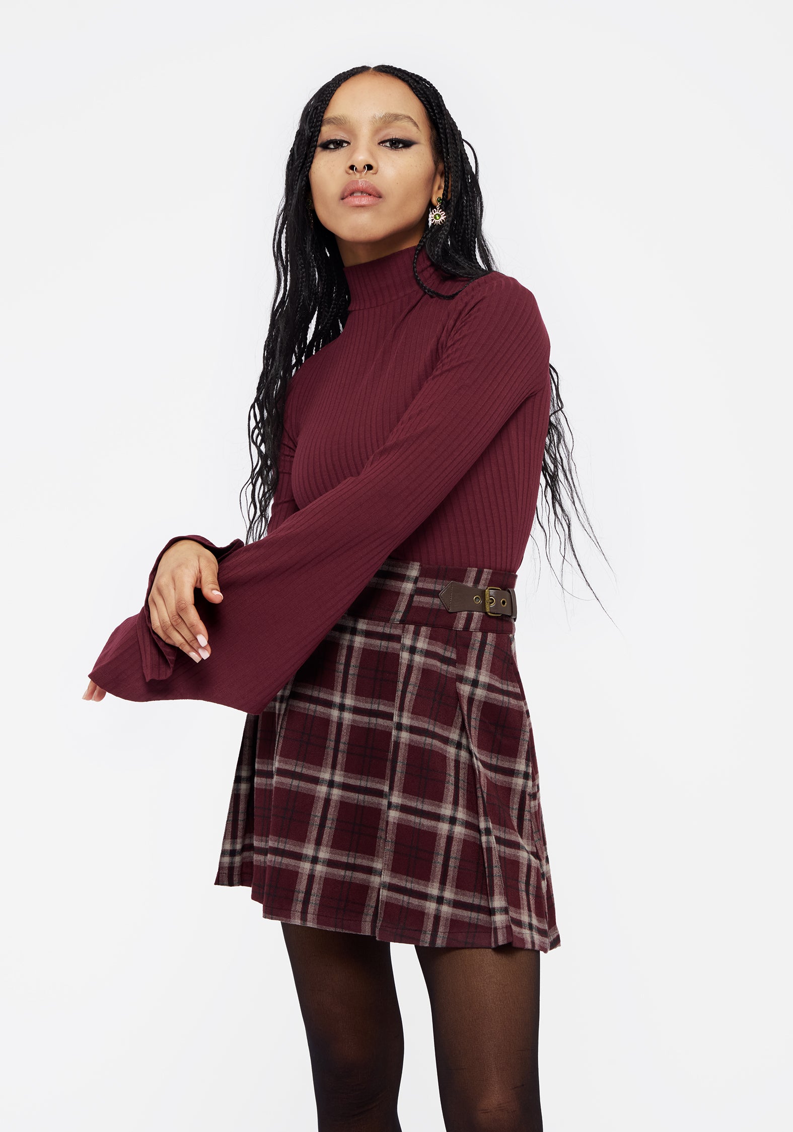 Red Ribbed Flared Sleeve Crop Top with Mock Neck | Amata