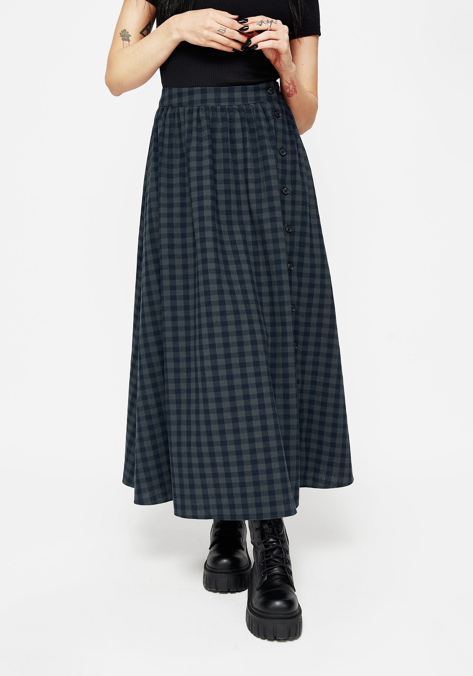 Blue Gingham Cotton Button-Up Midaxi Skirt with Pockets | Jeannie Check