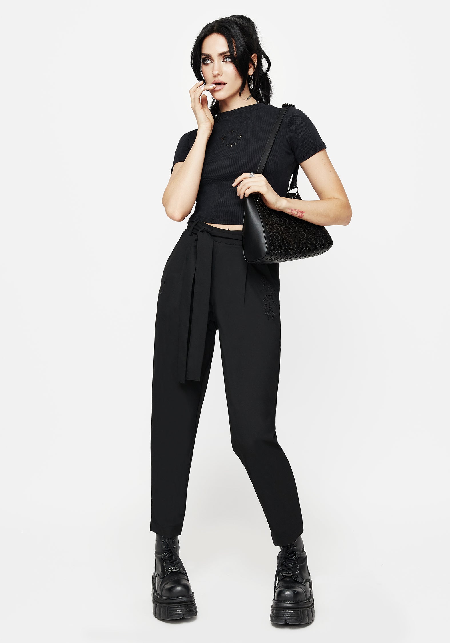 Embroidered Tapered Trousers with Belt & Pockets | Hester Black