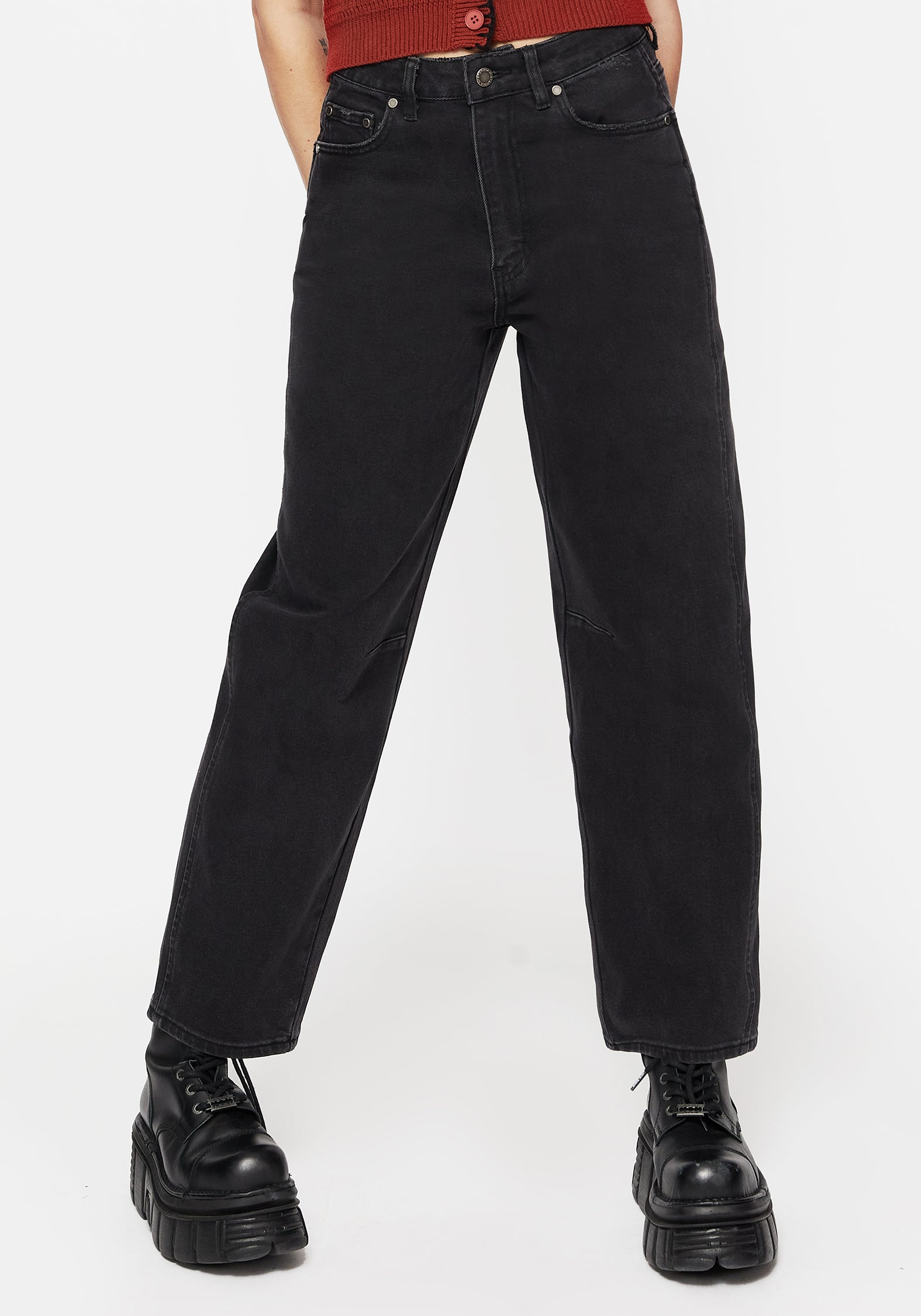 Black Barrel Leg Jeans with Distressed Details | Malevolence Denim