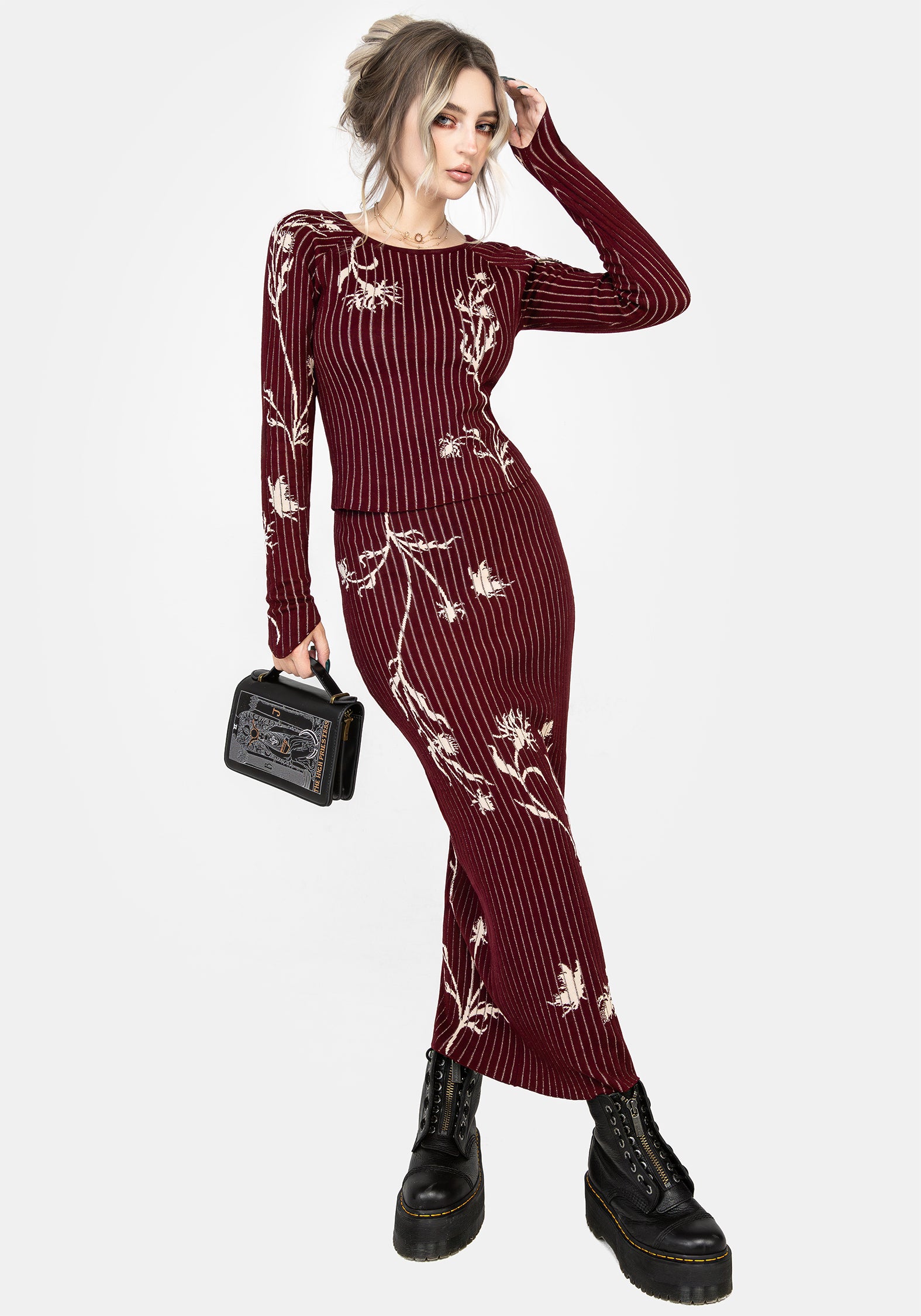 Red Floral Jacquard Maxi Skirt with Elastic Waist | Diastella