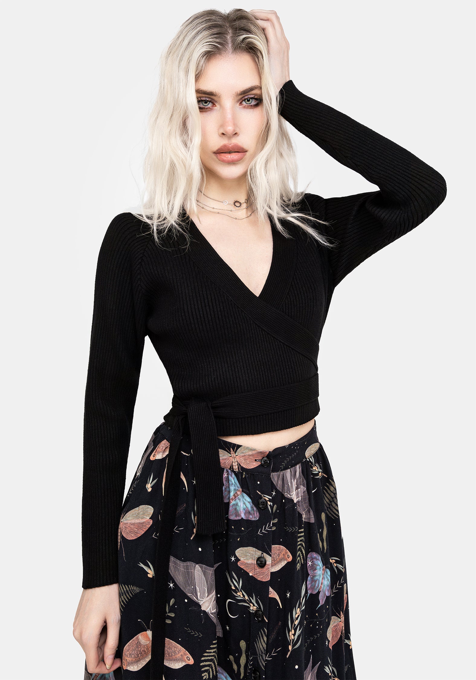 Black Rib Knit Wrap Cardigan with Waist Ties | Holda