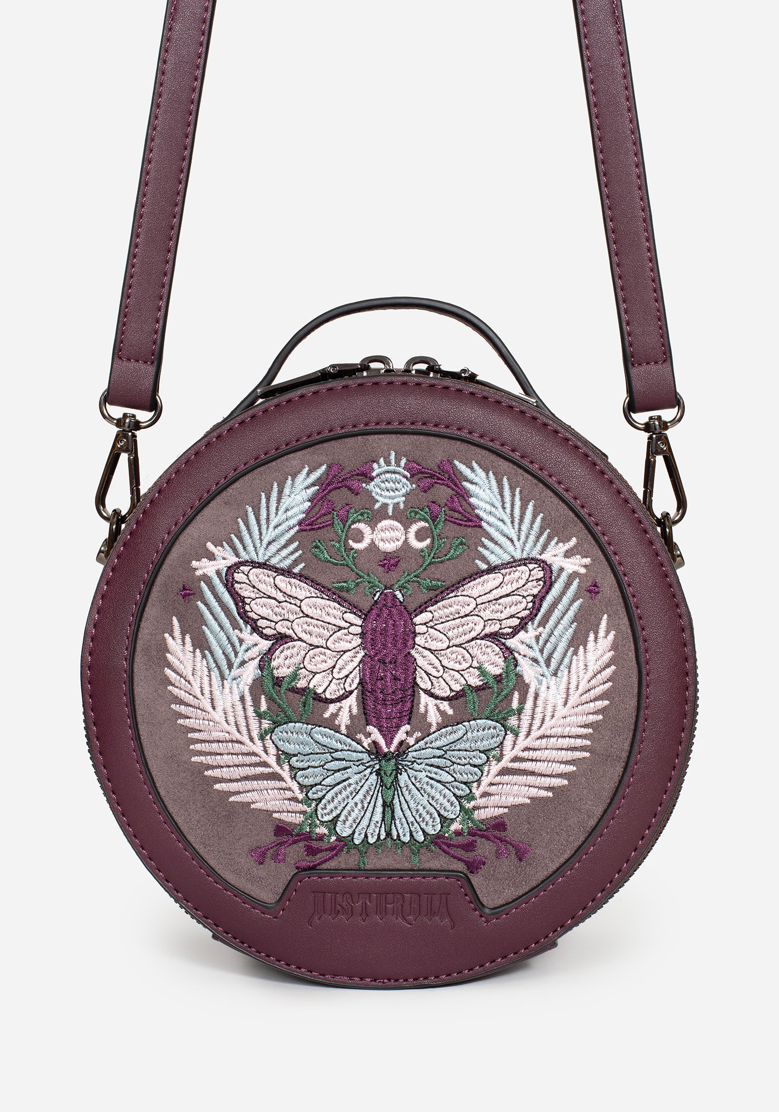 Purple Moth Embroidered Crossbody Bag | Faux Leather & Adjustable Strap