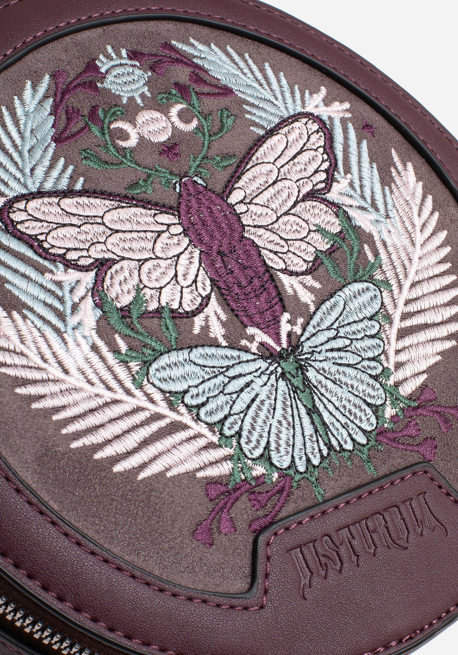 Purple Moth Embroidered Crossbody Bag | Faux Leather & Adjustable Strap