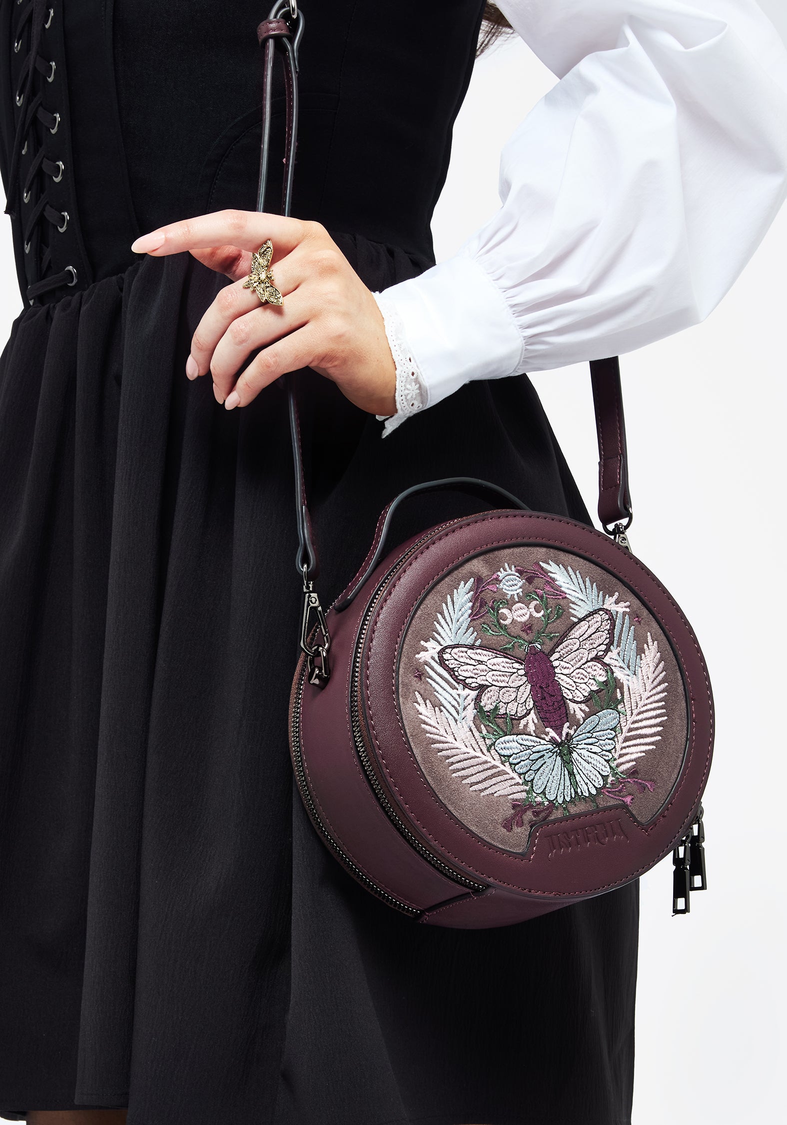 Purple Moth Embroidered Crossbody Bag | Faux Leather & Adjustable Strap