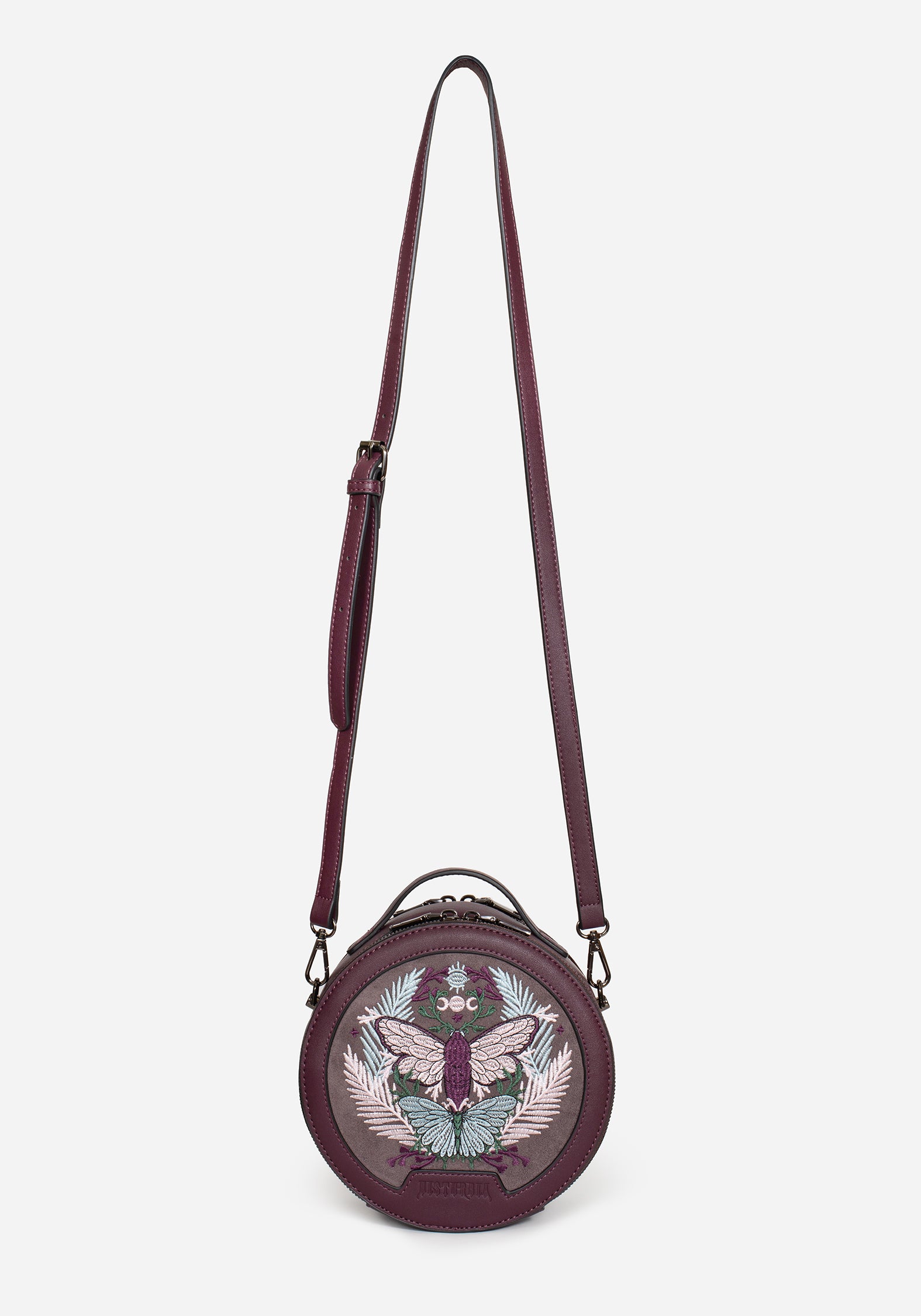 Purple Moth Embroidered Crossbody Bag | Faux Leather & Adjustable Strap