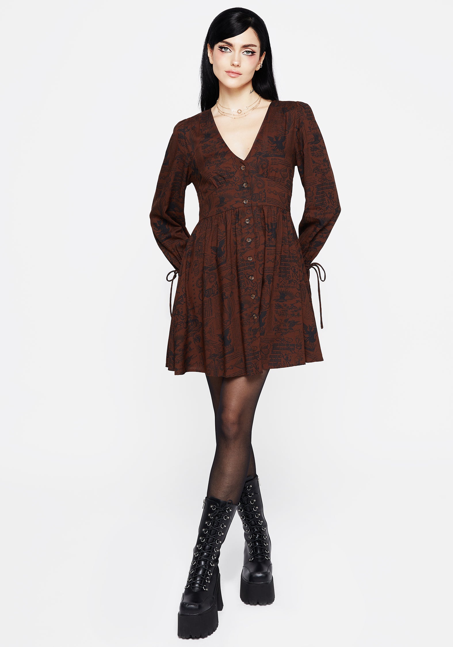 Brown Woodcut Print Mini Corset Dress | Daemonologie
