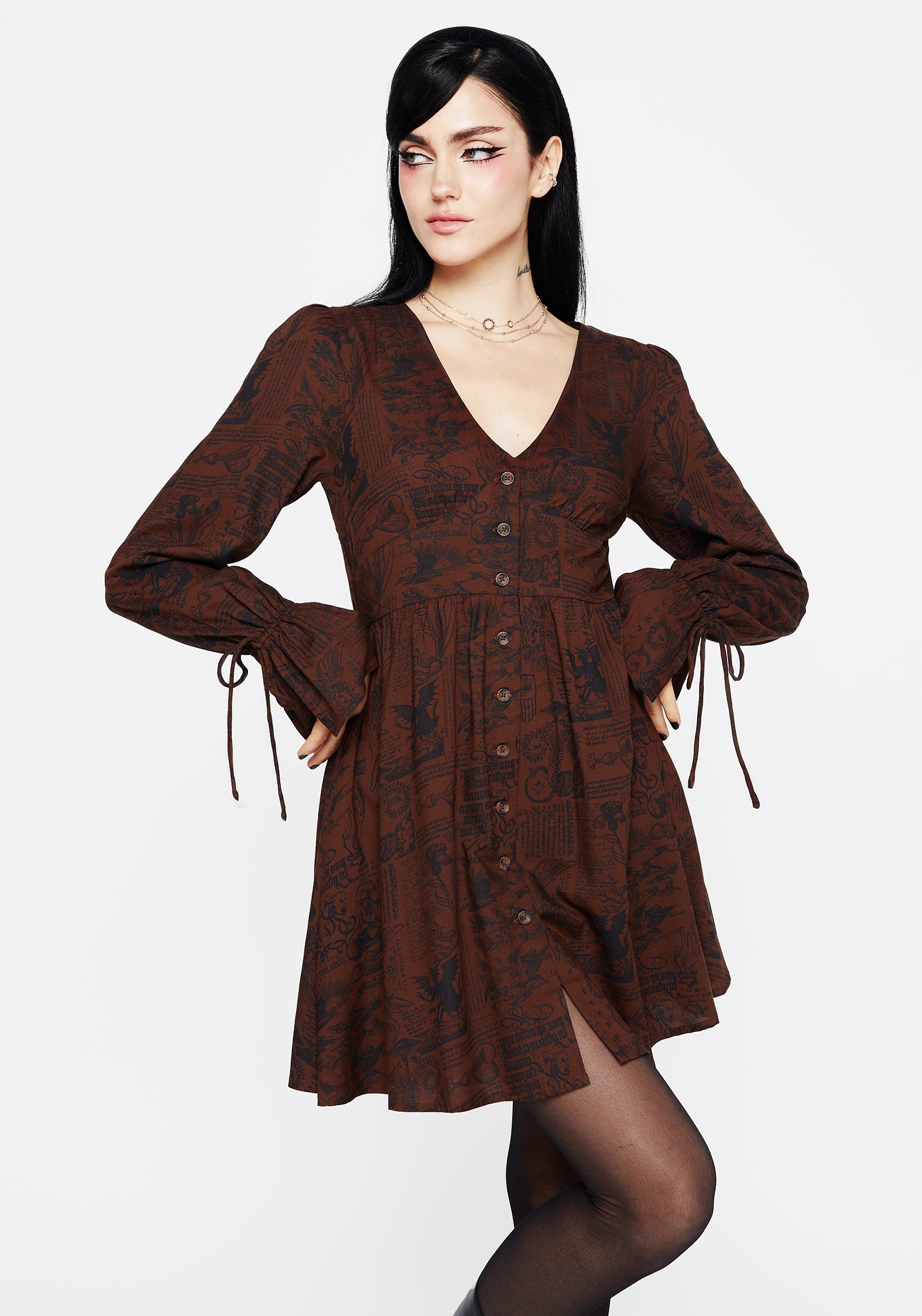 Brown Woodcut Print Mini Corset Dress | Daemonologie