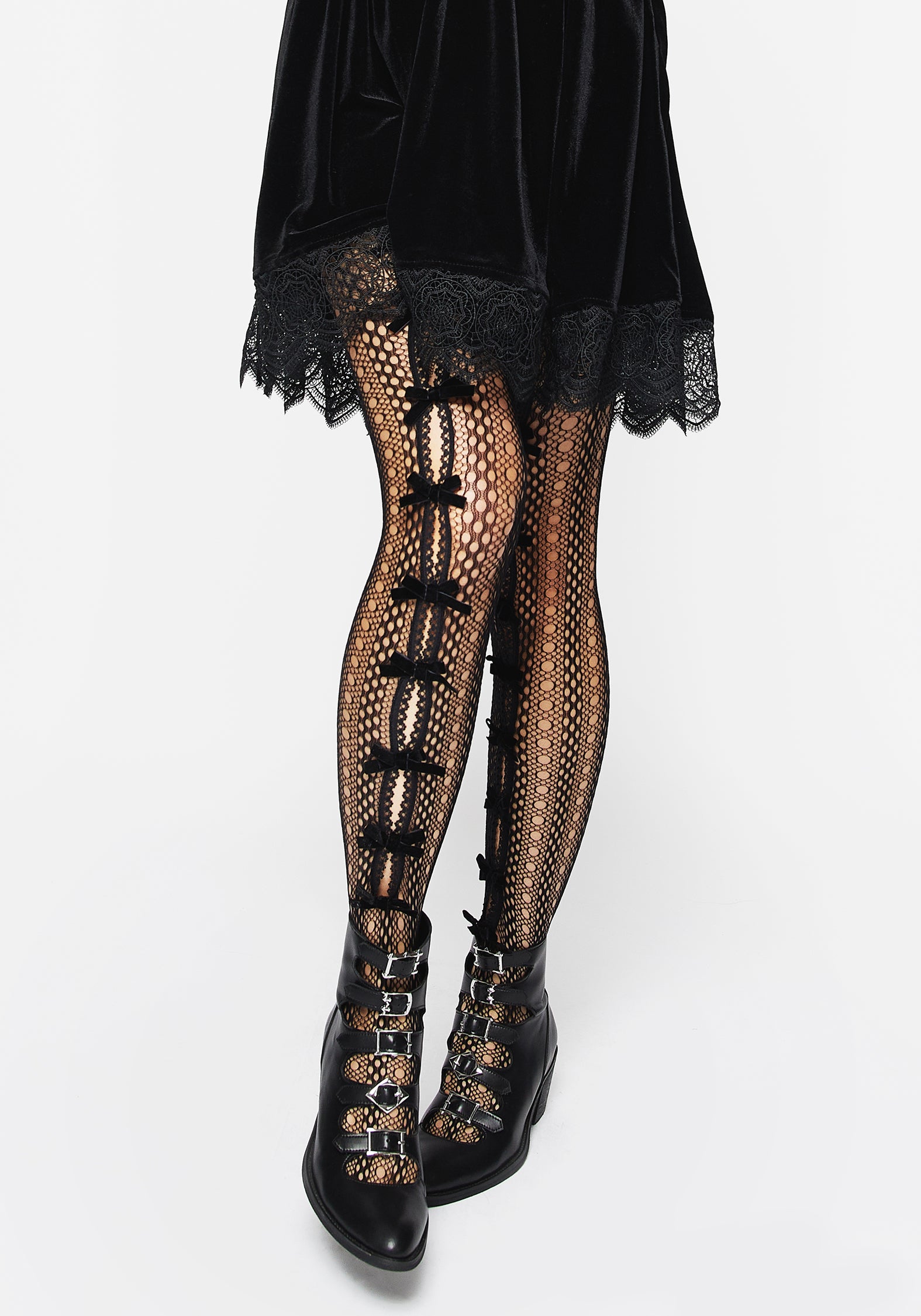 Cut-Out Lace Tights with Velour Bows | Love Hates You