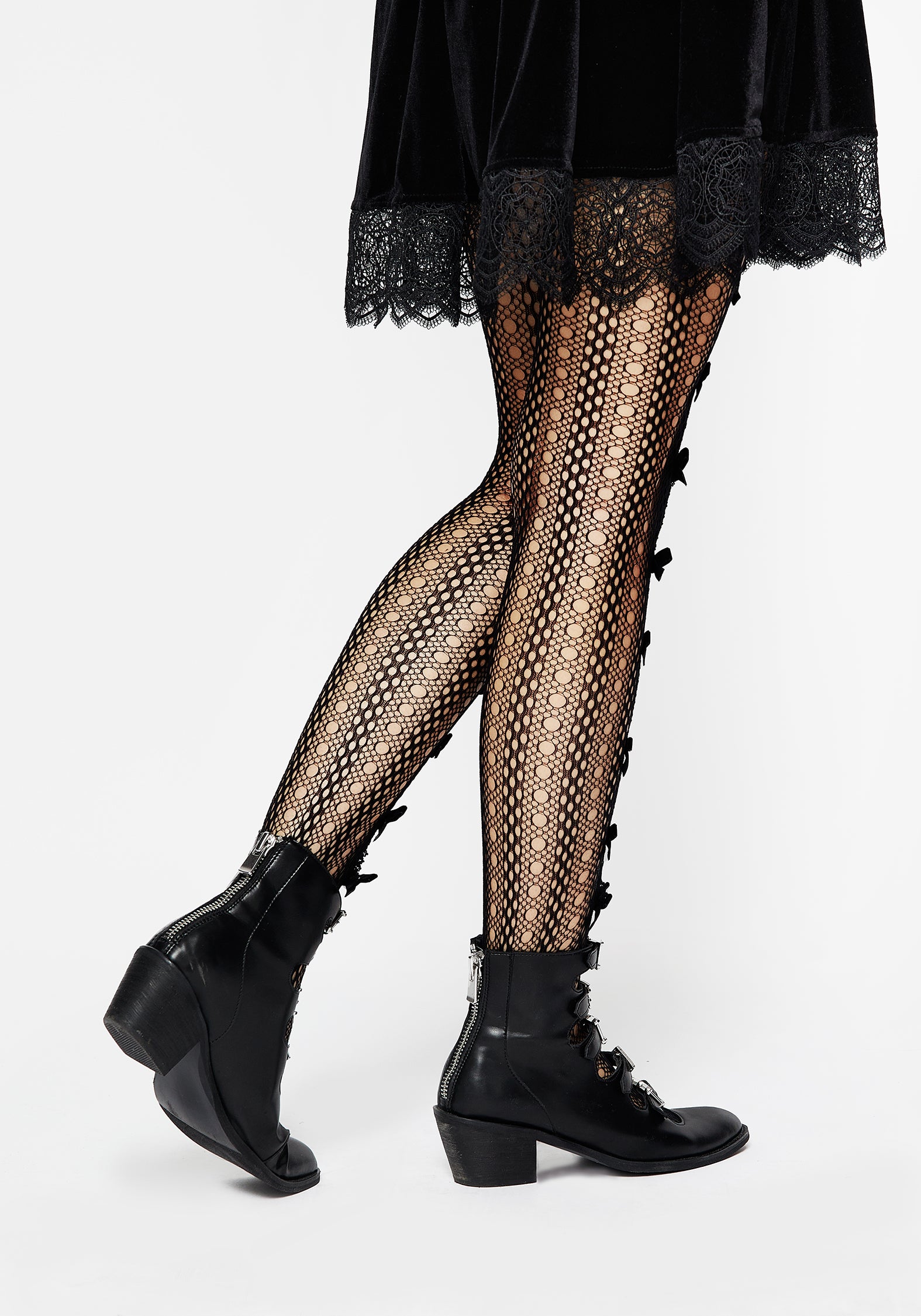 Cut-Out Lace Tights with Velour Bows | Love Hates You
