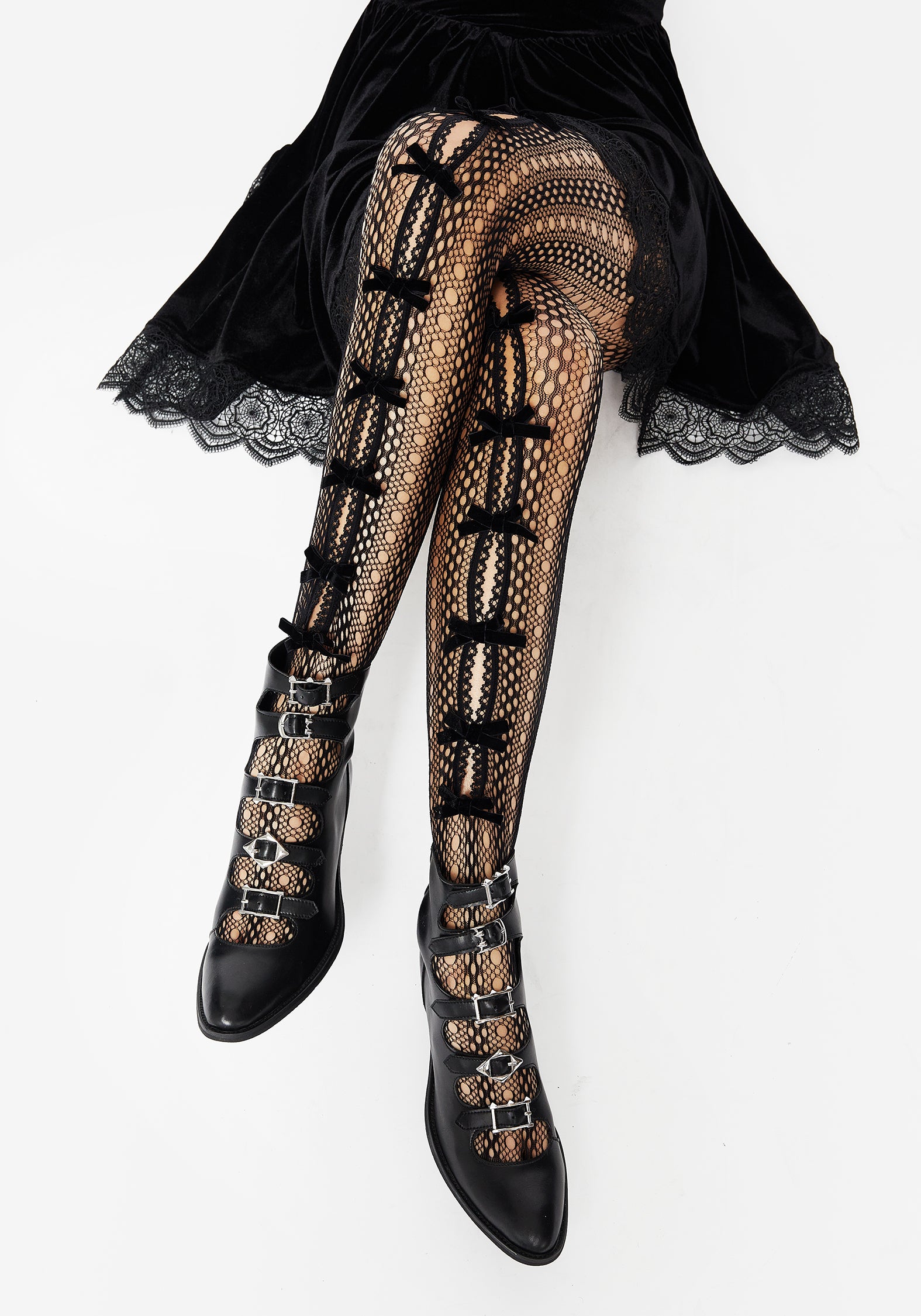 Cut-Out Lace Tights with Velour Bows | Love Hates You