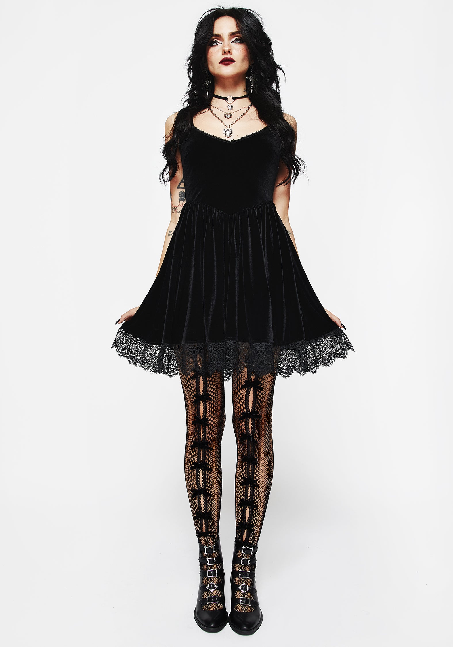 Cut-Out Lace Tights with Velour Bows | Love Hates You