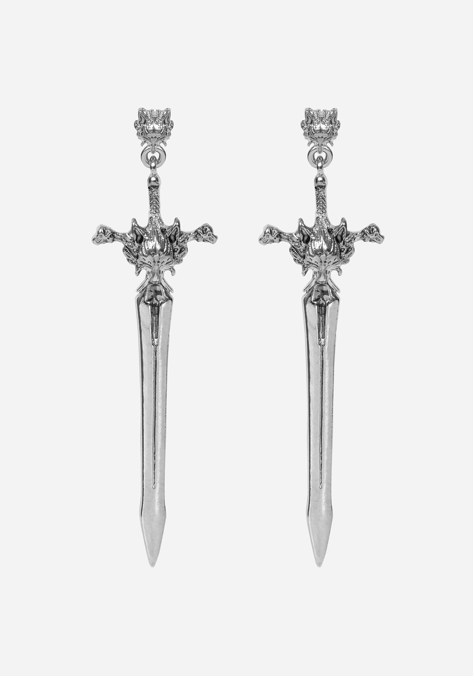Wolf Head Longsword Drop Earrings in Silver | 8cm Length