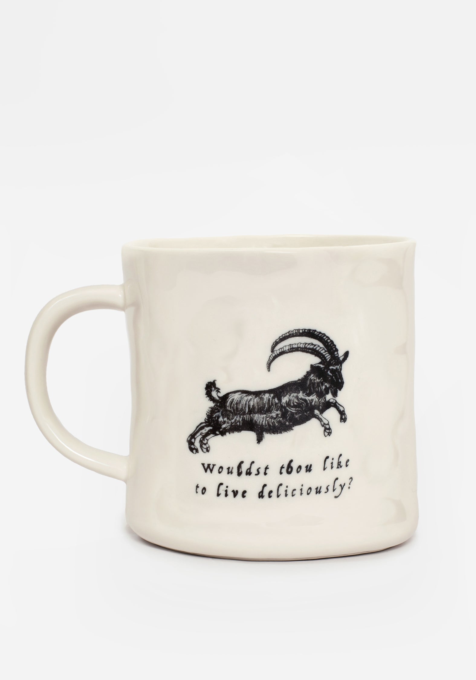 White Ceramic Heathen Mug with Charcoal Goat Design | Hand-Wrought Finish