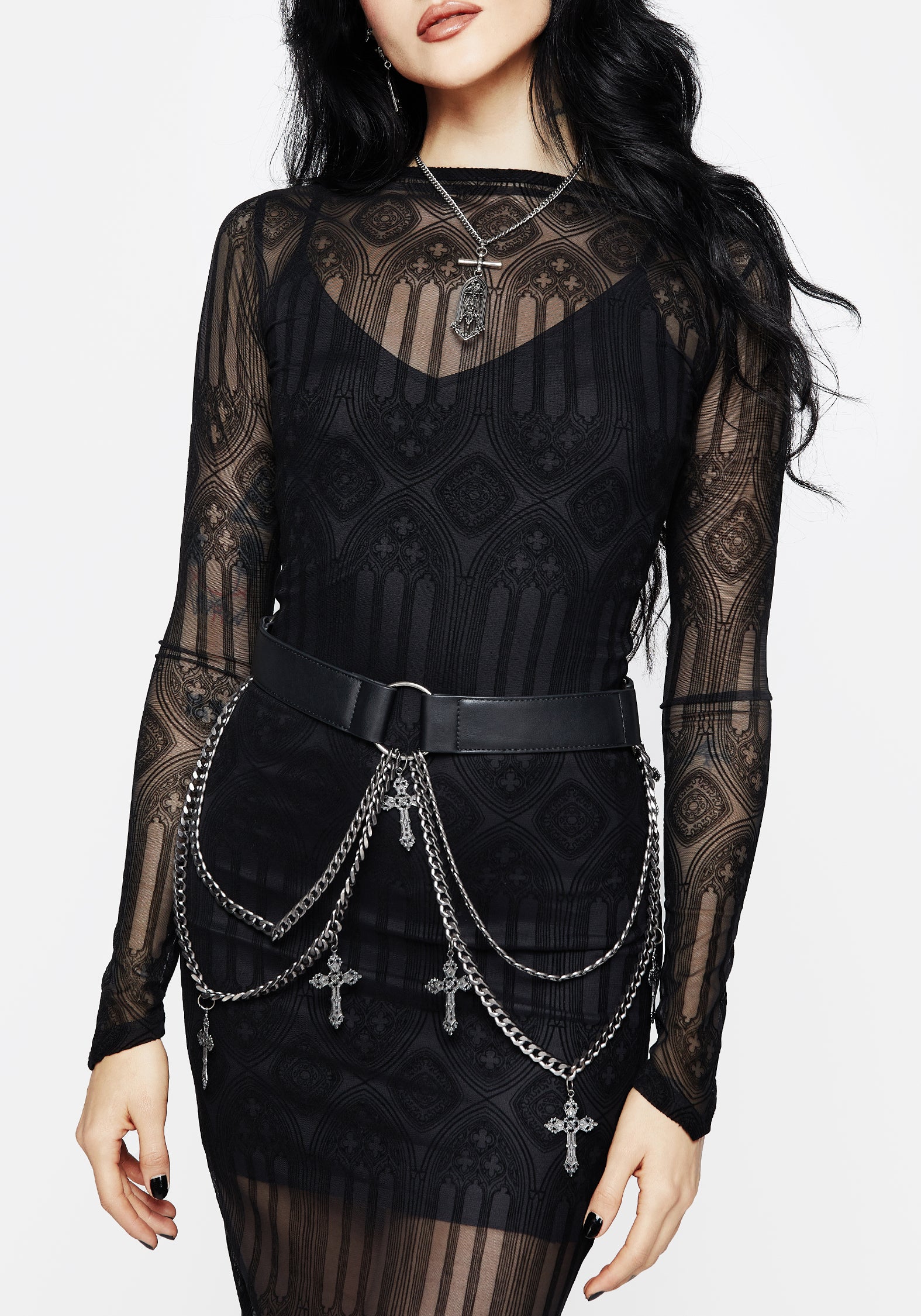 Gothic Chain Belt with Crucifix Charms | Adjustable Faux Leather Waist Belt