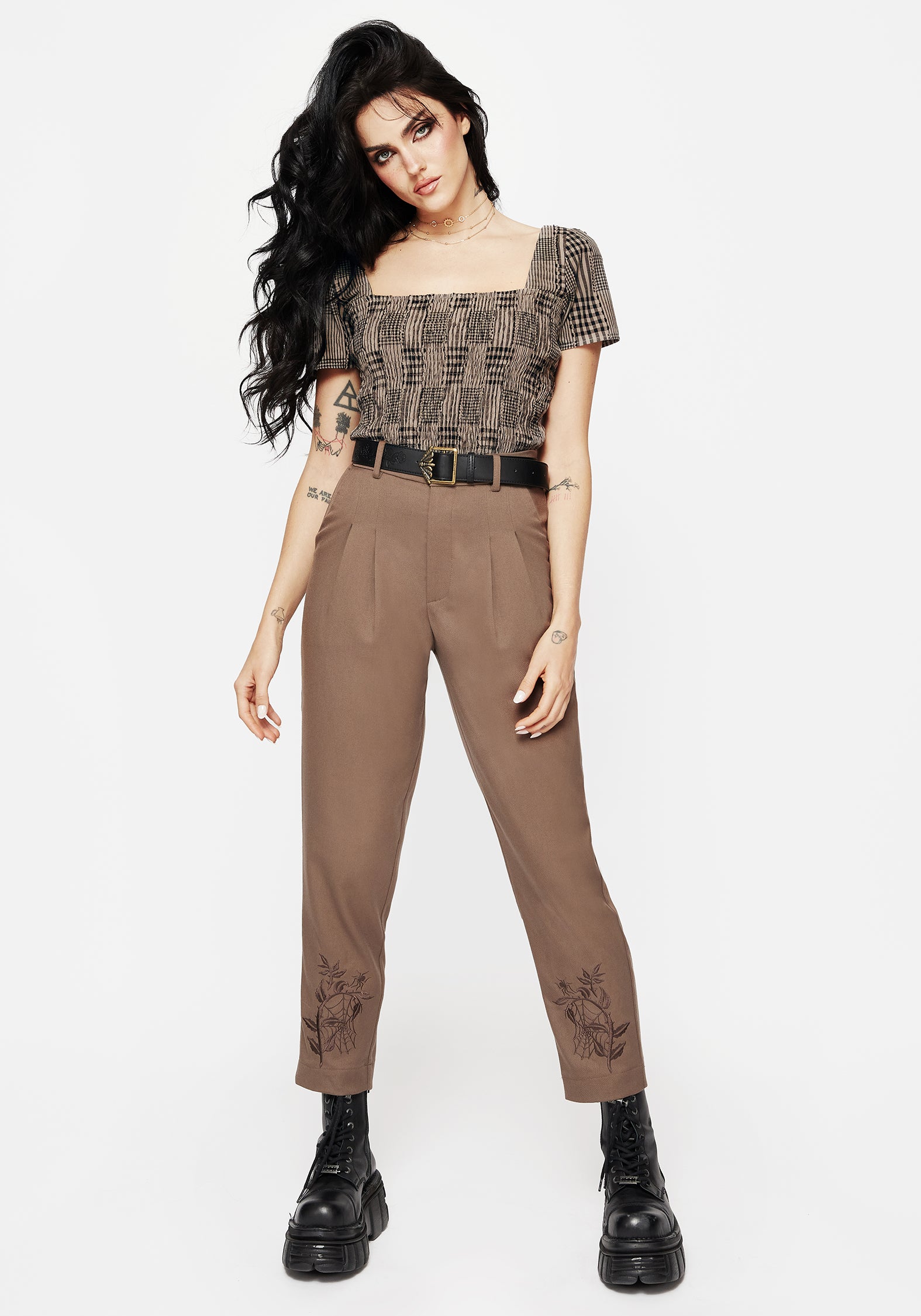 Brown Embroidered Slim Trousers with Elastic Waist | Hazel