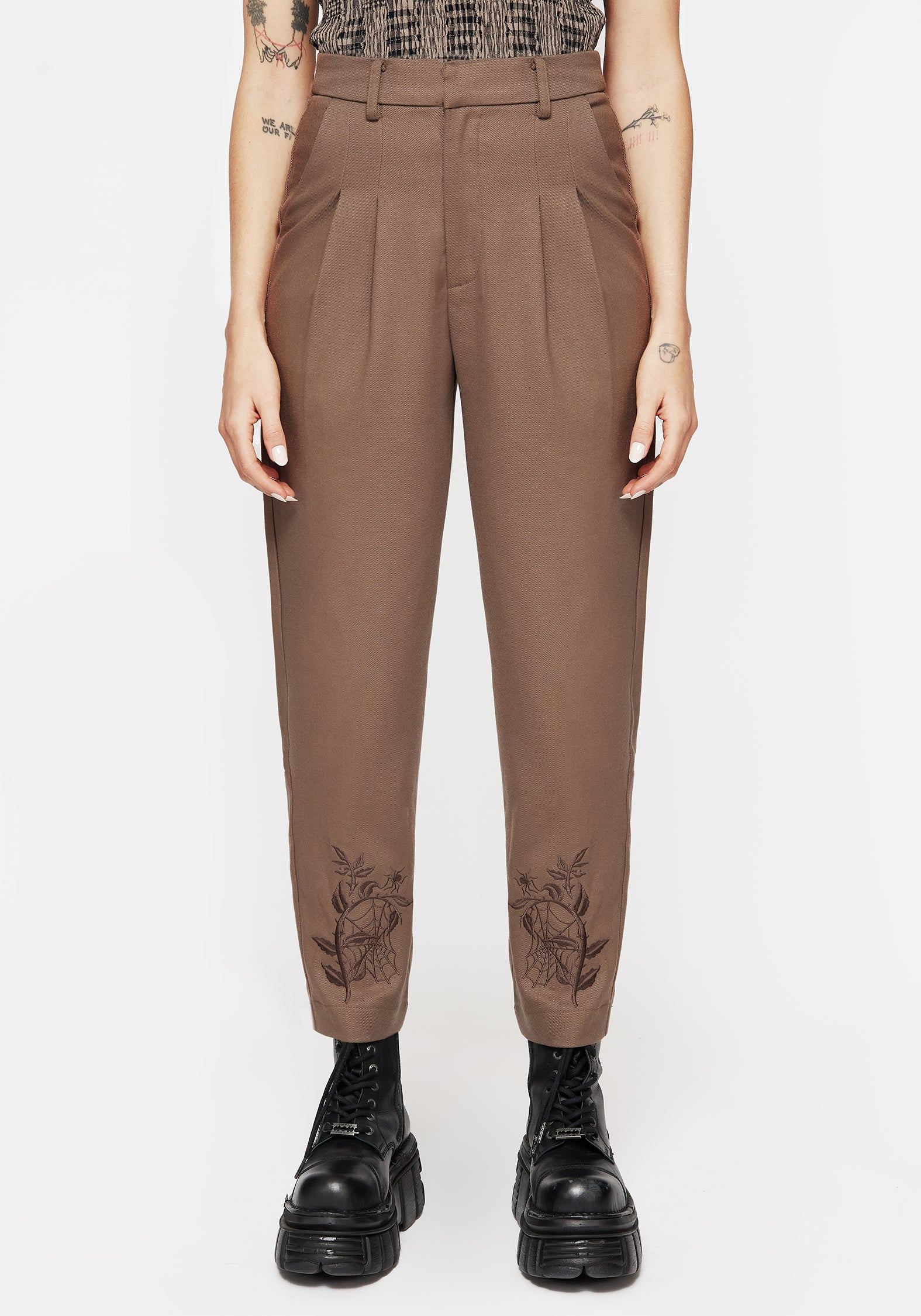 Brown Embroidered Slim Trousers with Elastic Waist | Hazel