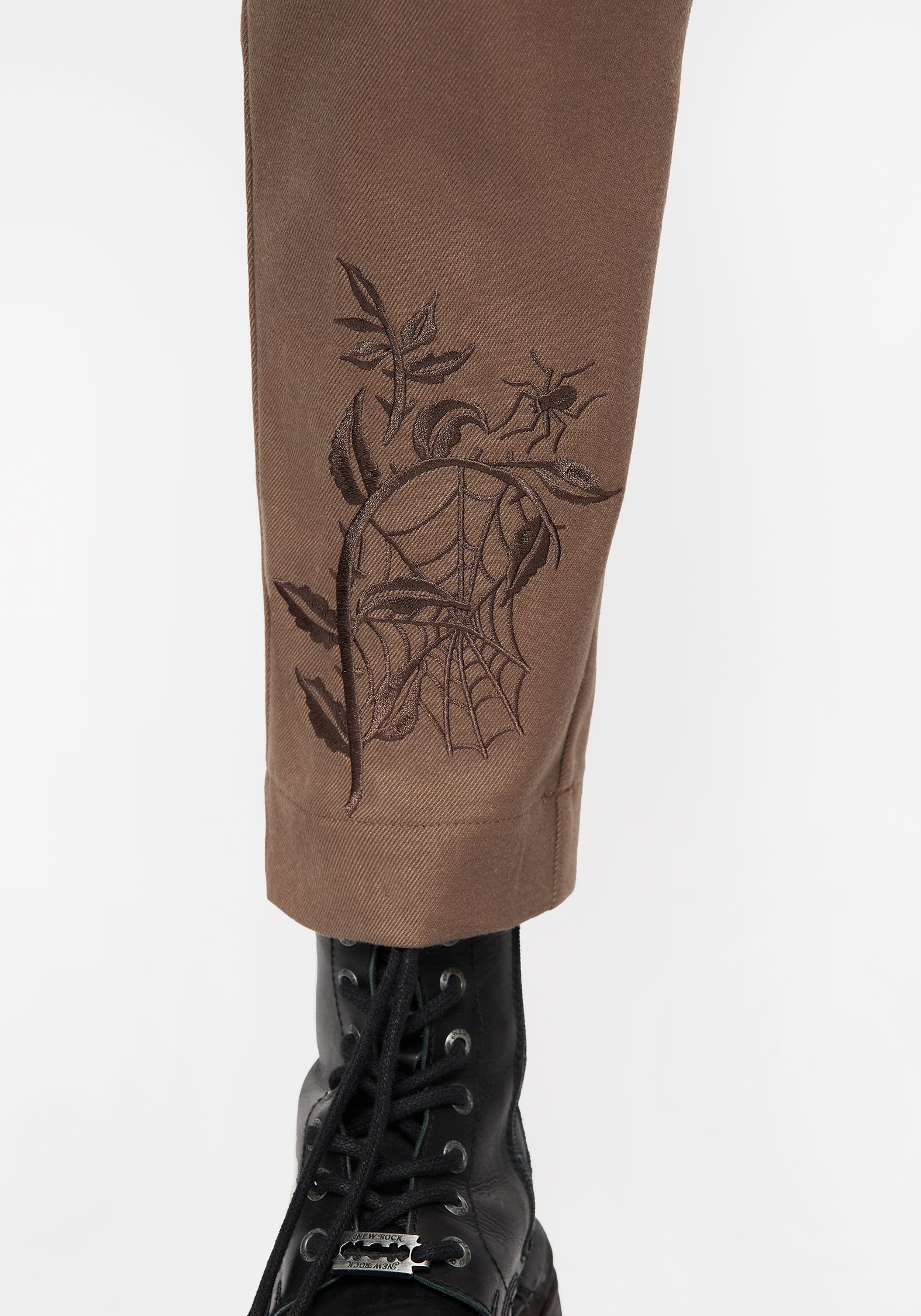 Brown Embroidered Slim Trousers with Elastic Waist | Hazel