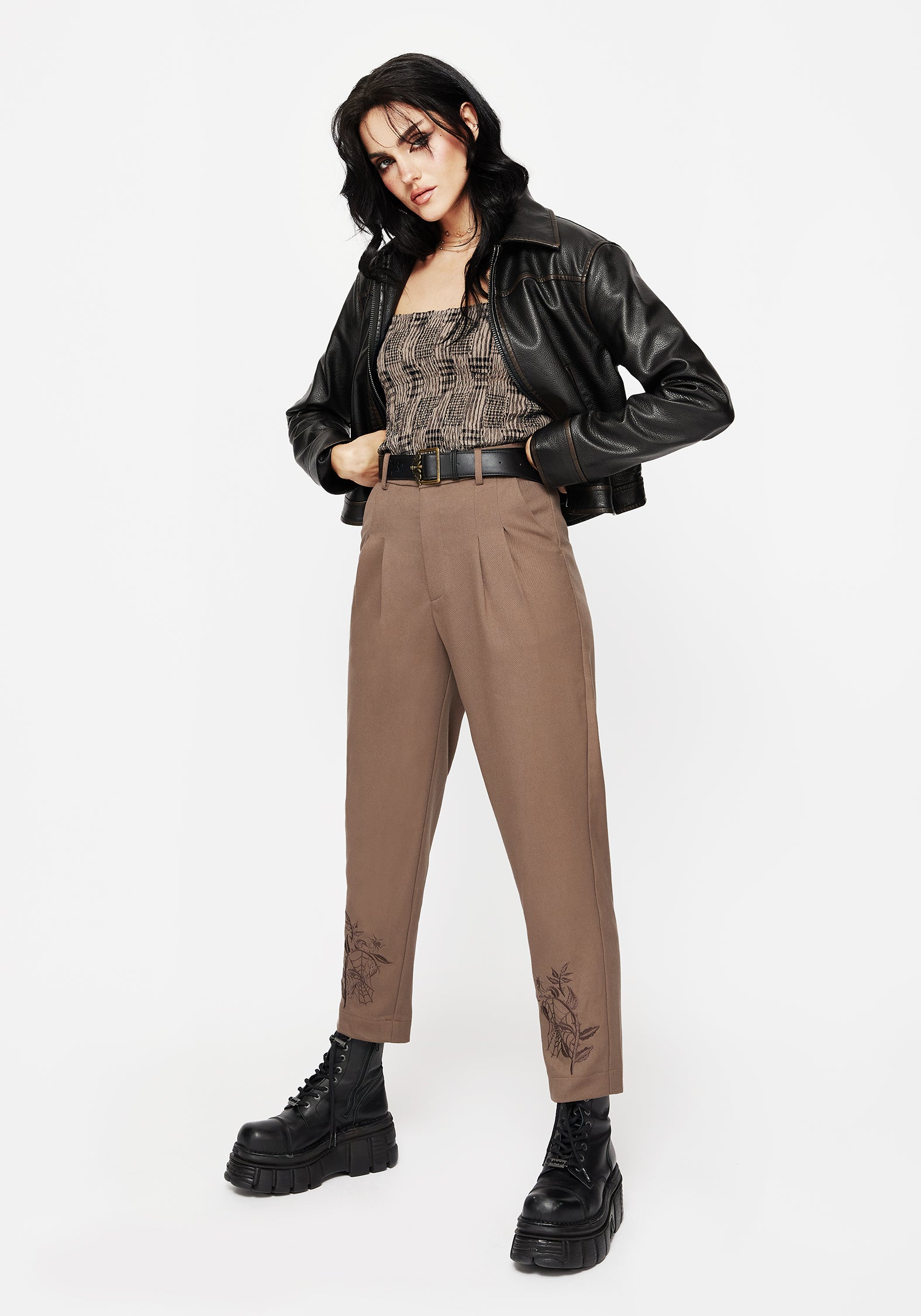 Brown Embroidered Slim Trousers with Elastic Waist | Hazel