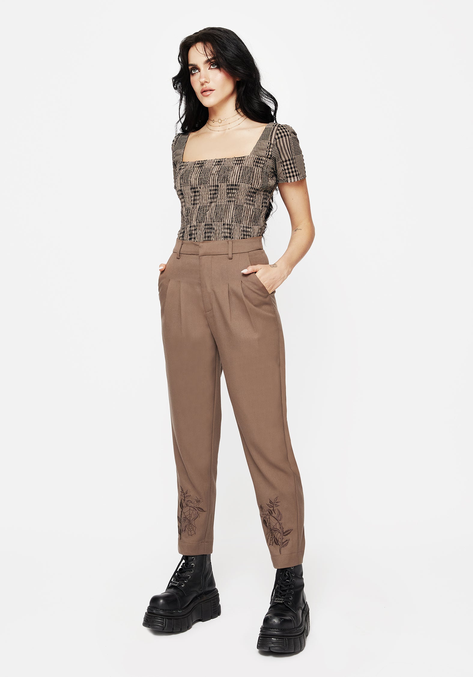 Brown Embroidered Slim Trousers with Elastic Waist | Hazel