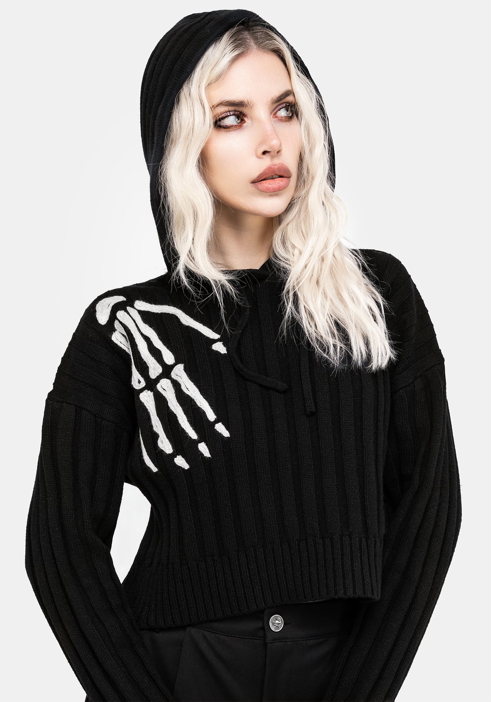 Embroidered Rib Knit Hoodie for Women | Volar Relaxed Crop Fit