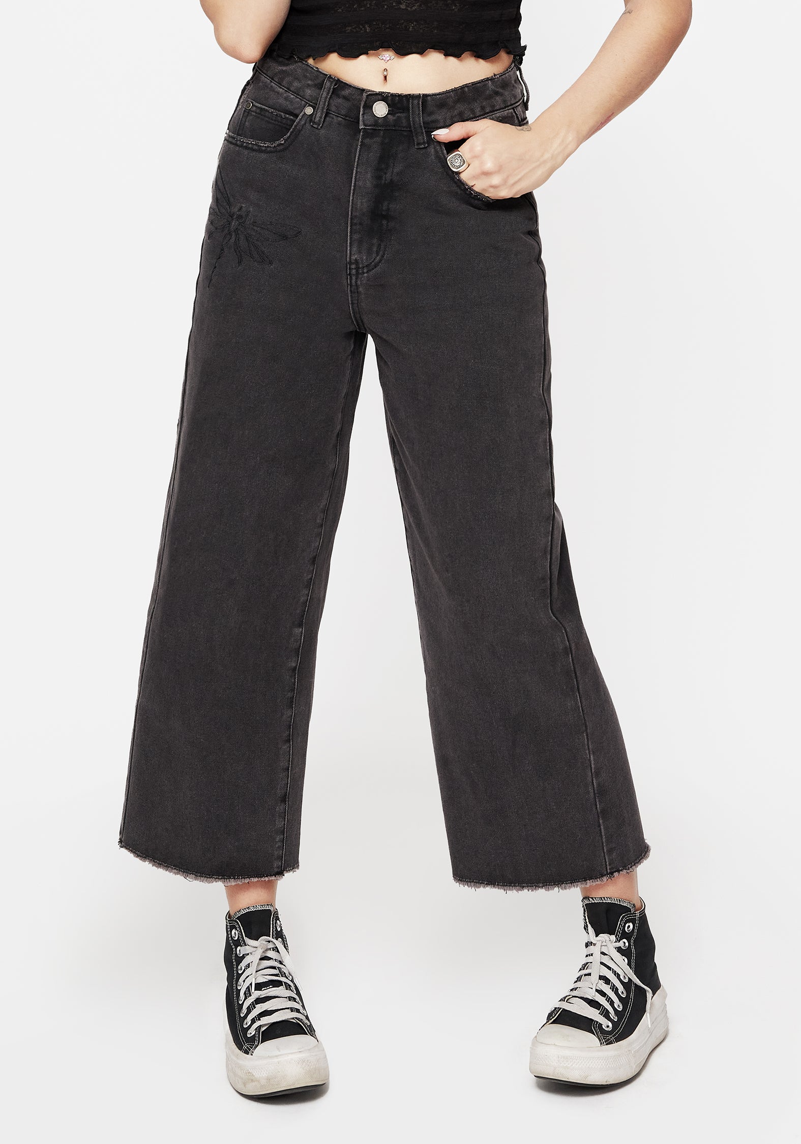 Dragonfly Embroidered Wide Leg Jeans | Denim Culottes