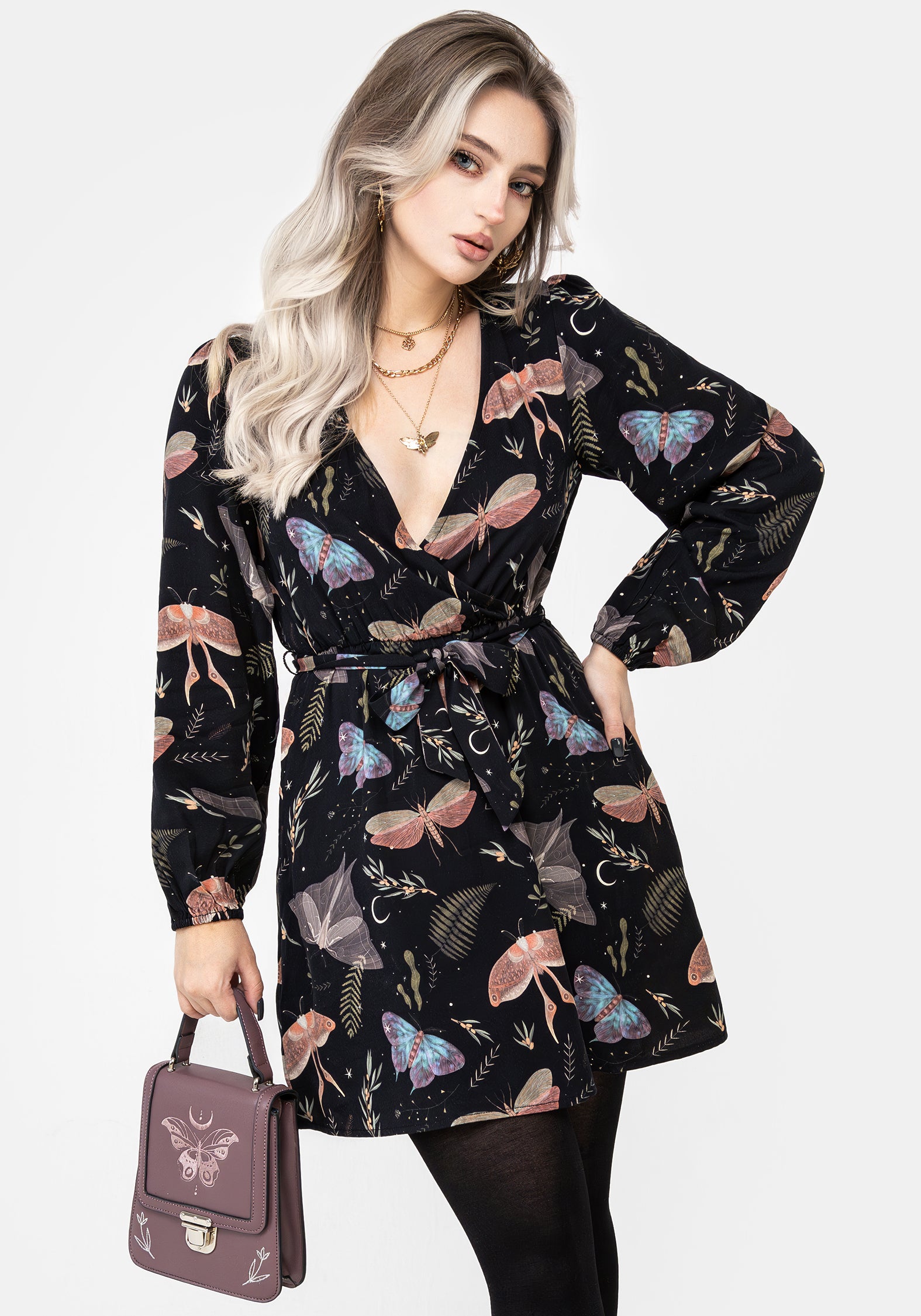Black Moth Print Mini Wrap Dress with V-Neck & Belt | Nightmoth