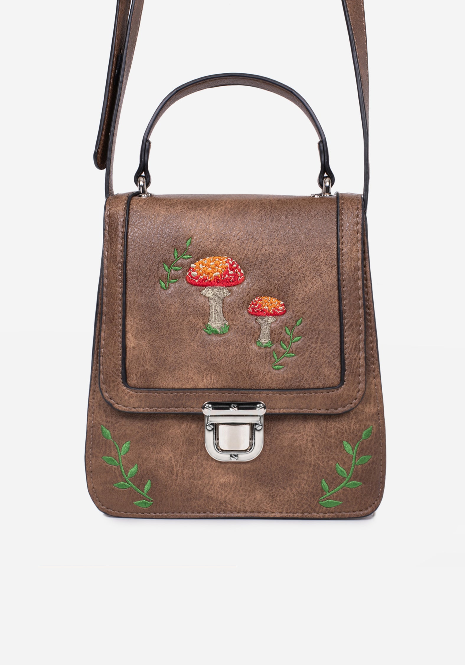 Brown Embroidered Mini Satchel Bag with Adjustable Strap | Fable
