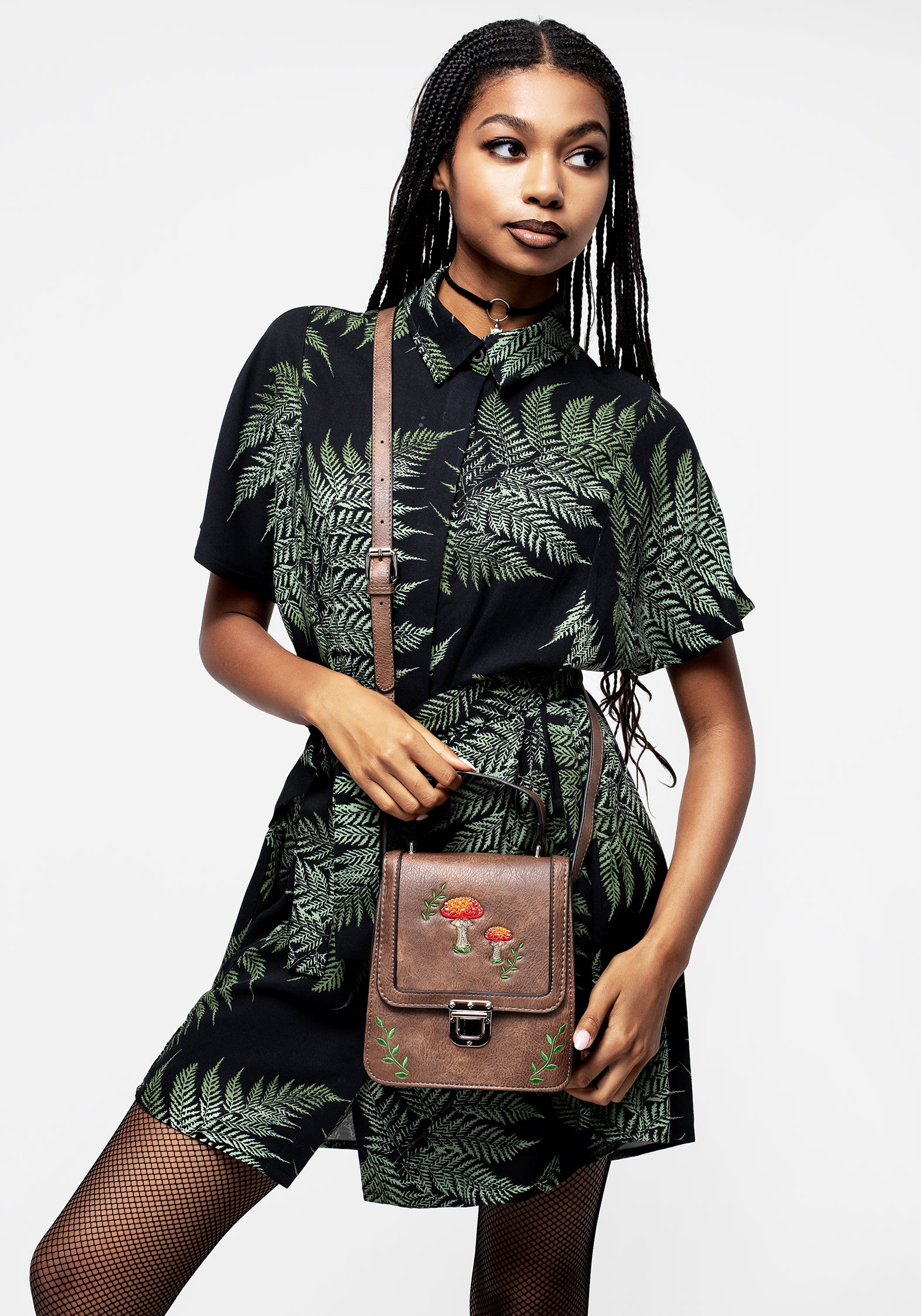 Brown Embroidered Mini Satchel Bag with Adjustable Strap | Fable
