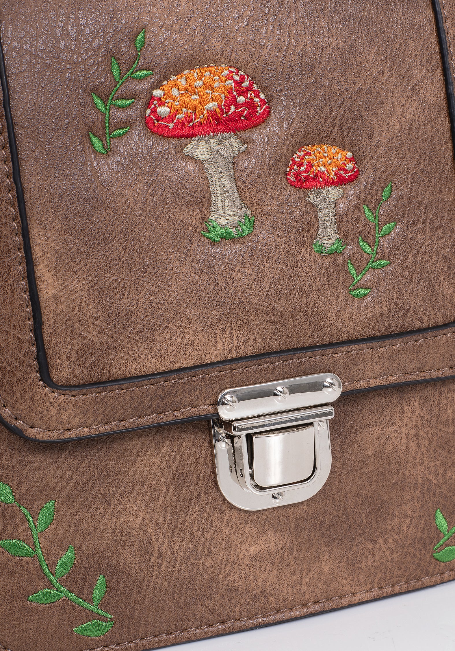 Brown Embroidered Mini Satchel Bag with Adjustable Strap | Fable
