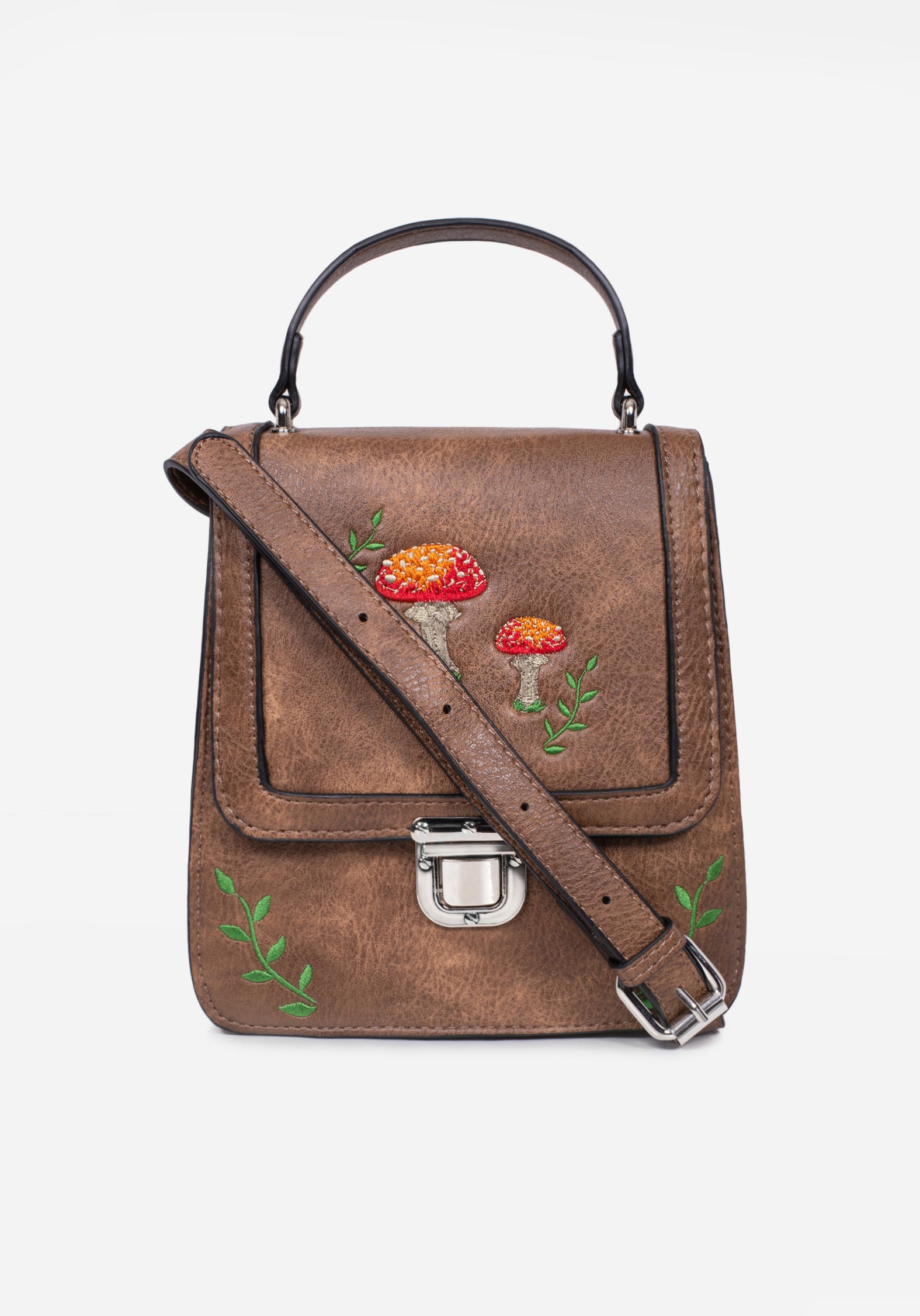 Brown Embroidered Mini Satchel Bag with Adjustable Strap | Fable
