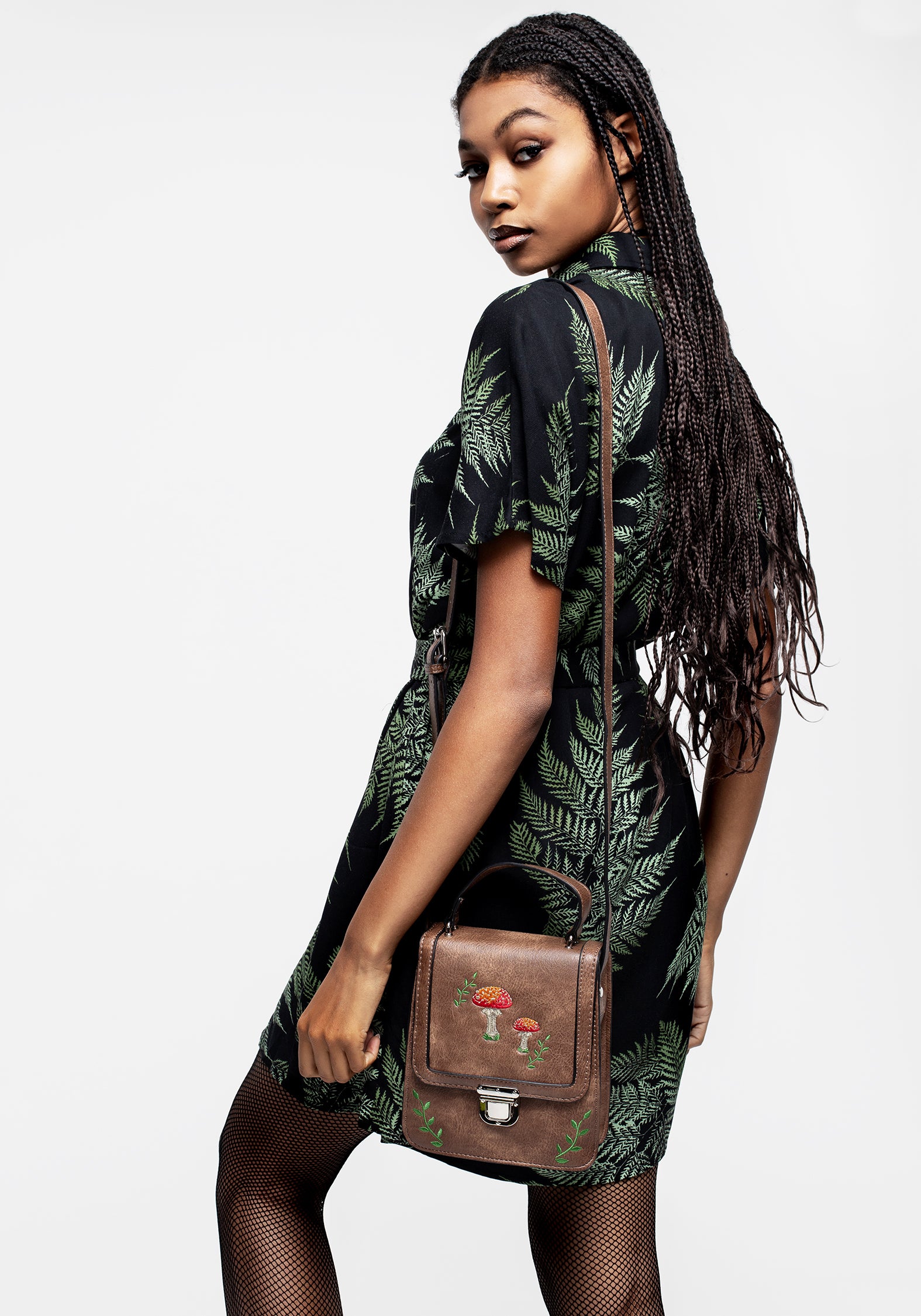 Brown Embroidered Mini Satchel Bag with Adjustable Strap | Fable