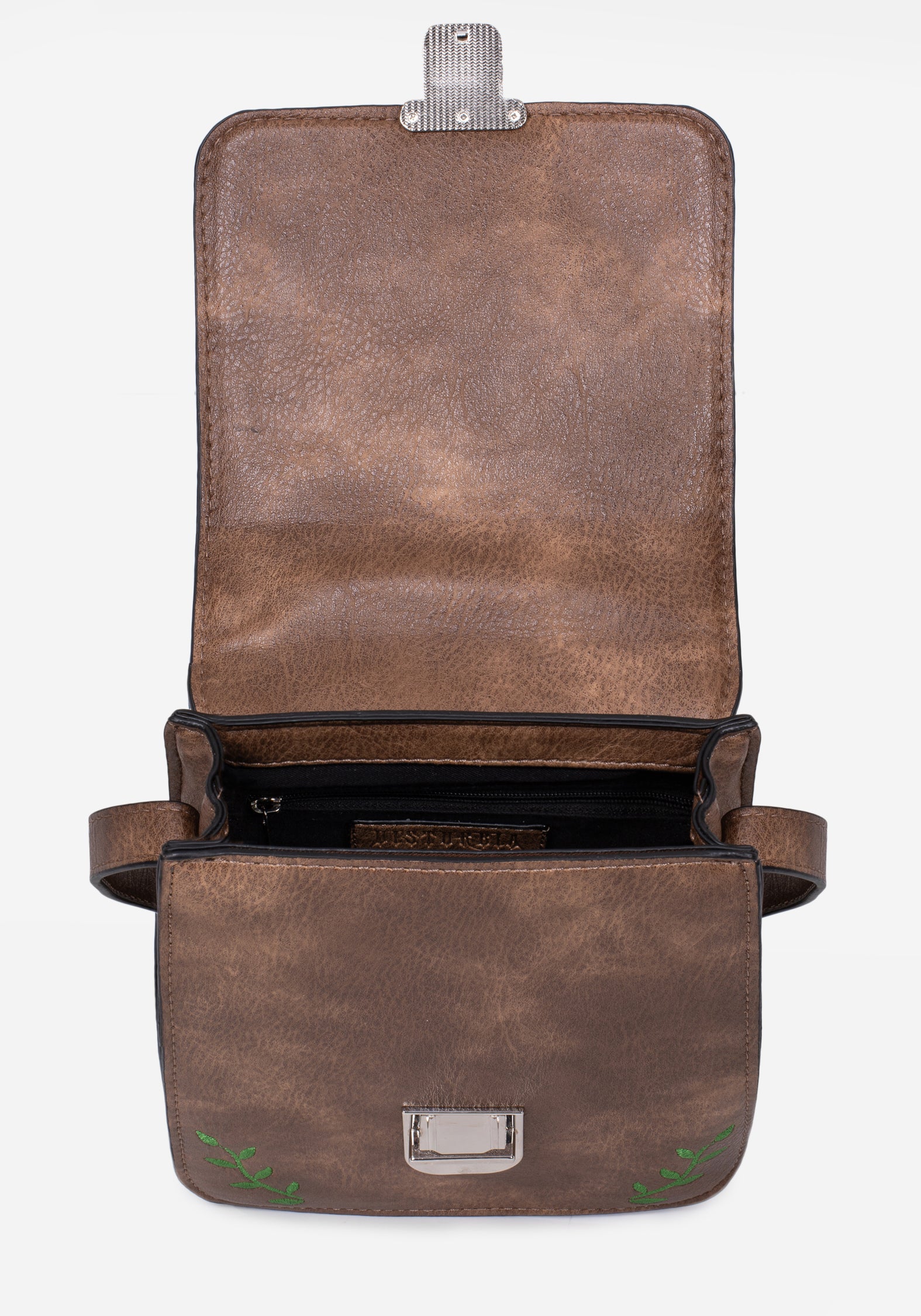 Brown Embroidered Mini Satchel Bag with Adjustable Strap | Fable