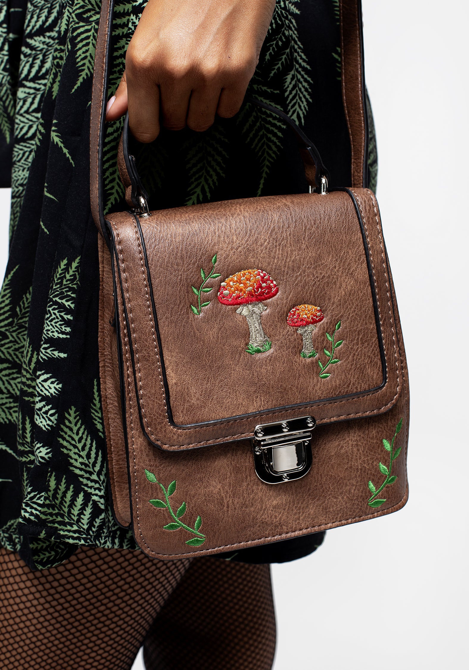 Brown Embroidered Mini Satchel Bag with Adjustable Strap | Fable